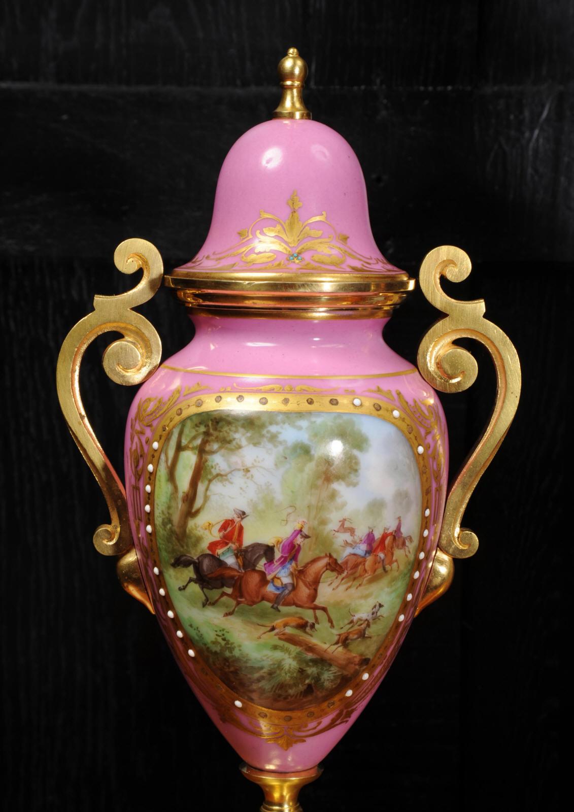 Sevres Pink Porcelain and Ormolu Antique French Clock Set Hunting Dogs & Horses 10