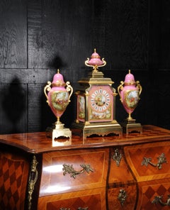 Sevres Pink Porcelain and Ormolu Antique French Clock Set Hunting Dogs & Horses