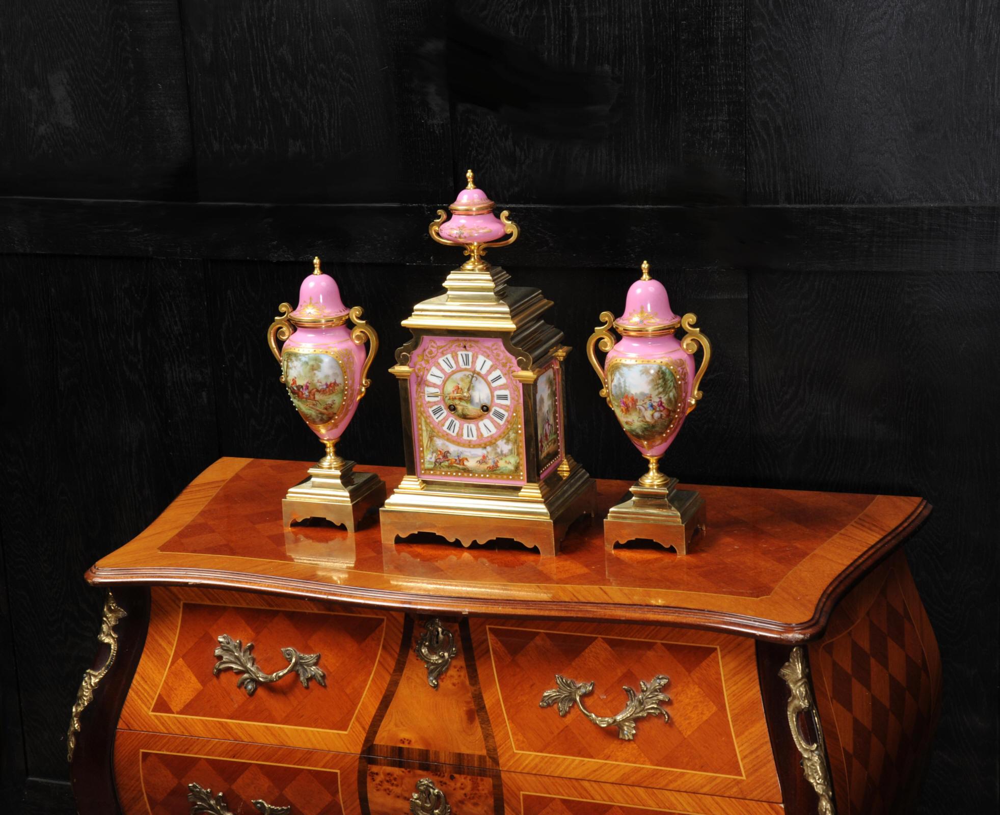 Louis XVI Sevres Pink Porcelain and Ormolu Antique French Clock Set Hunting Dogs & Horses