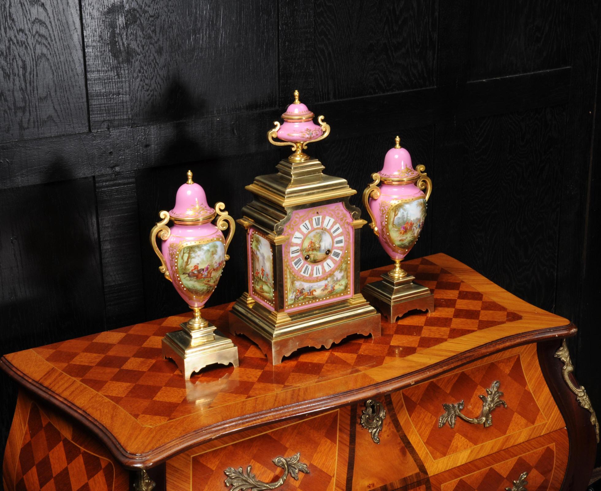 19th Century Sevres Pink Porcelain and Ormolu Antique French Clock Set Hunting Dogs & Horses