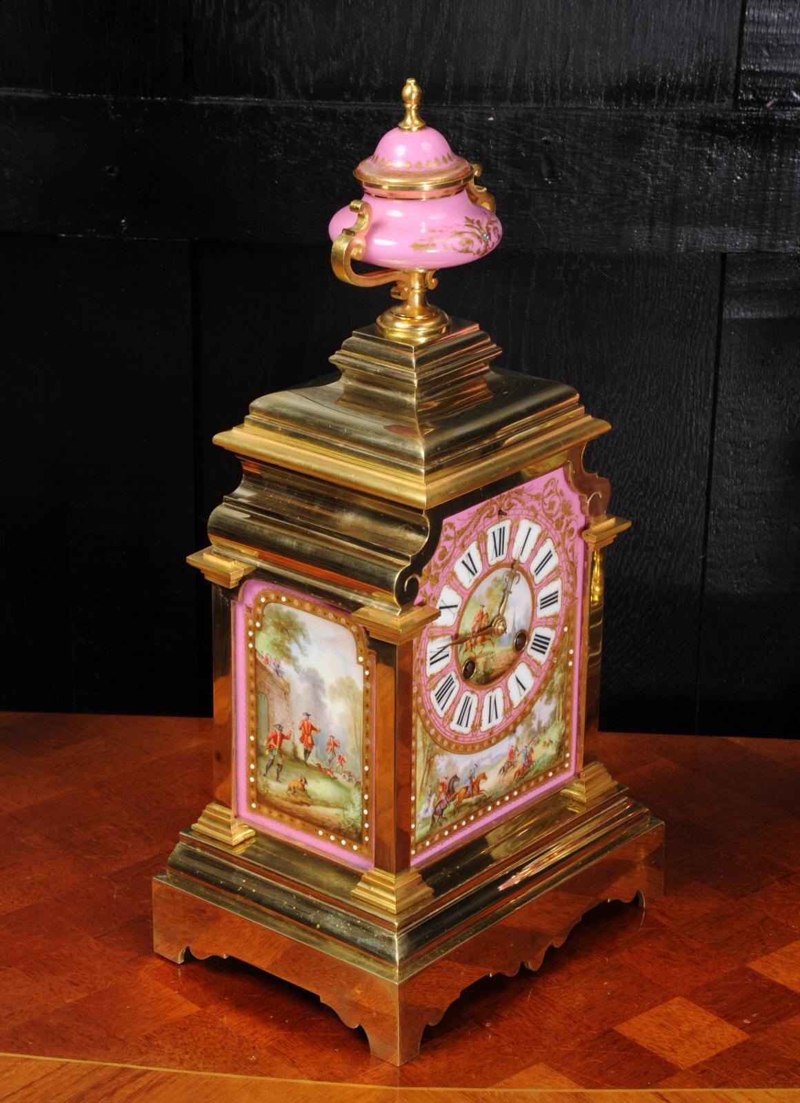 Sevres Pink Porcelain and Ormolu Antique French Clock Set Hunting Dogs & Horses 1