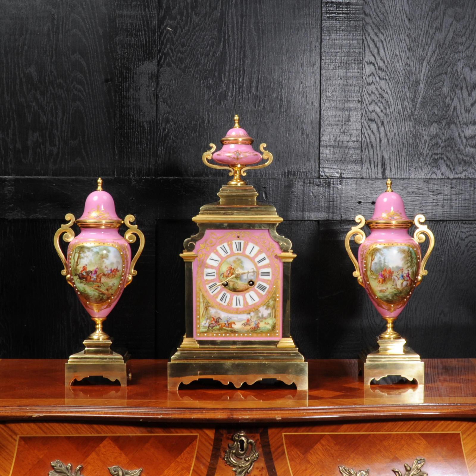 Sevres Pink Porcelain and Ormolu Antique French Clock Set Hunting Dogs & Horses 2