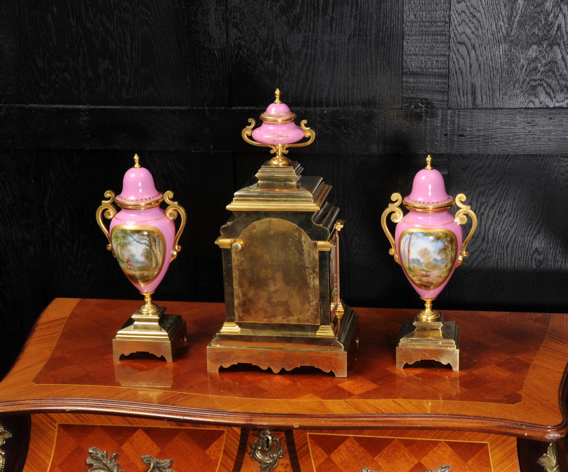 Sevres Pink Porcelain and Ormolu Antique French Clock Set Hunting Dogs & Horses 3