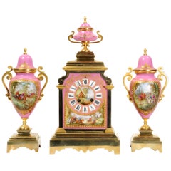 Sevres Pink Porcelain and Ormolu Antique French Clock Set Hunting Dogs & Horses