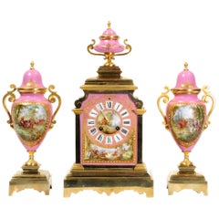 Sevres Pink Porcelain and Ormolu Antique French Clock Set Hunting Dogs & Horses