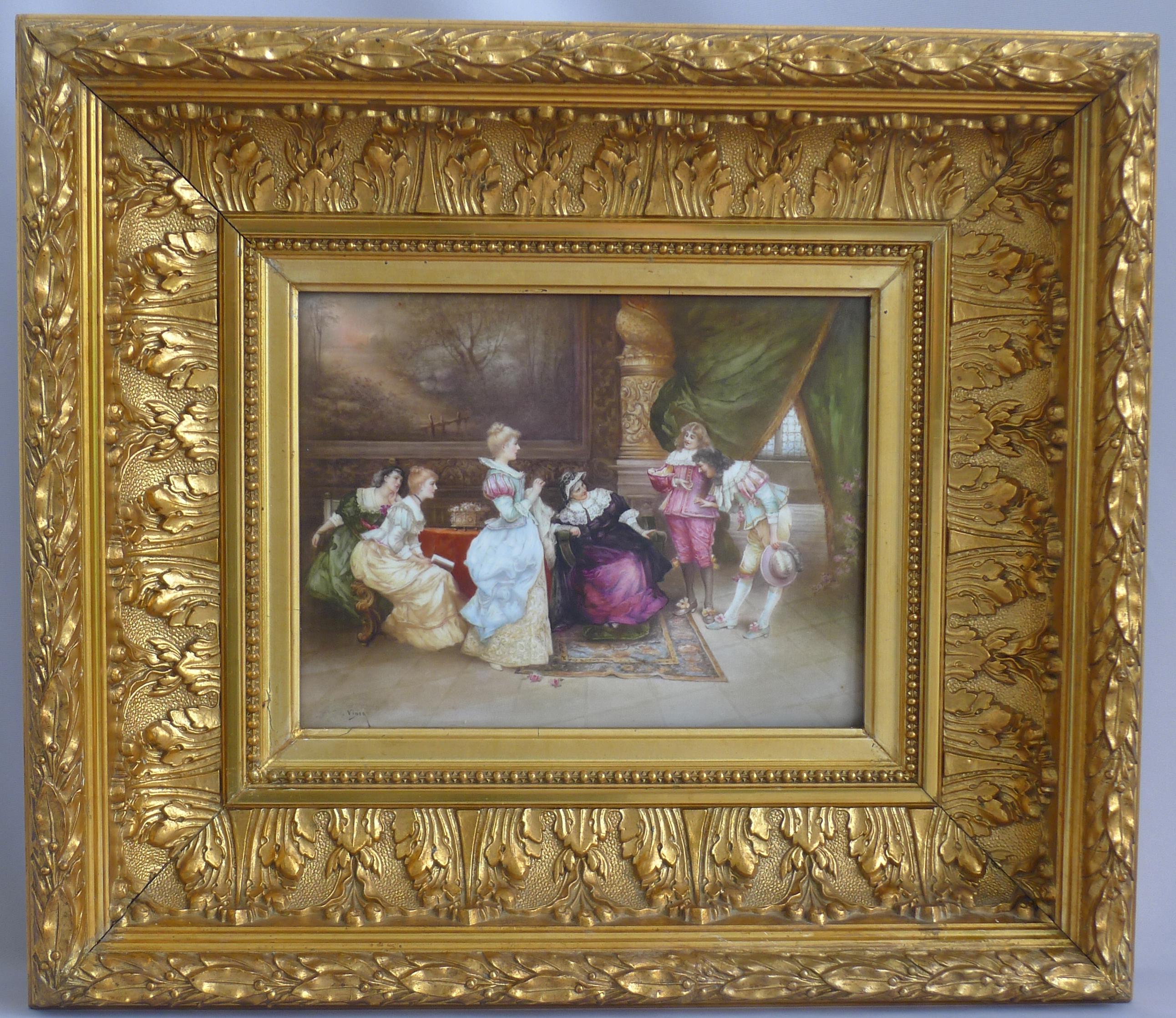 Sevres-Plakette mit der Darstellung von Adligen in vergoldetem Holzrahmen, signiert Vinea im Zustand „Gut“ im Angebot in London, GB