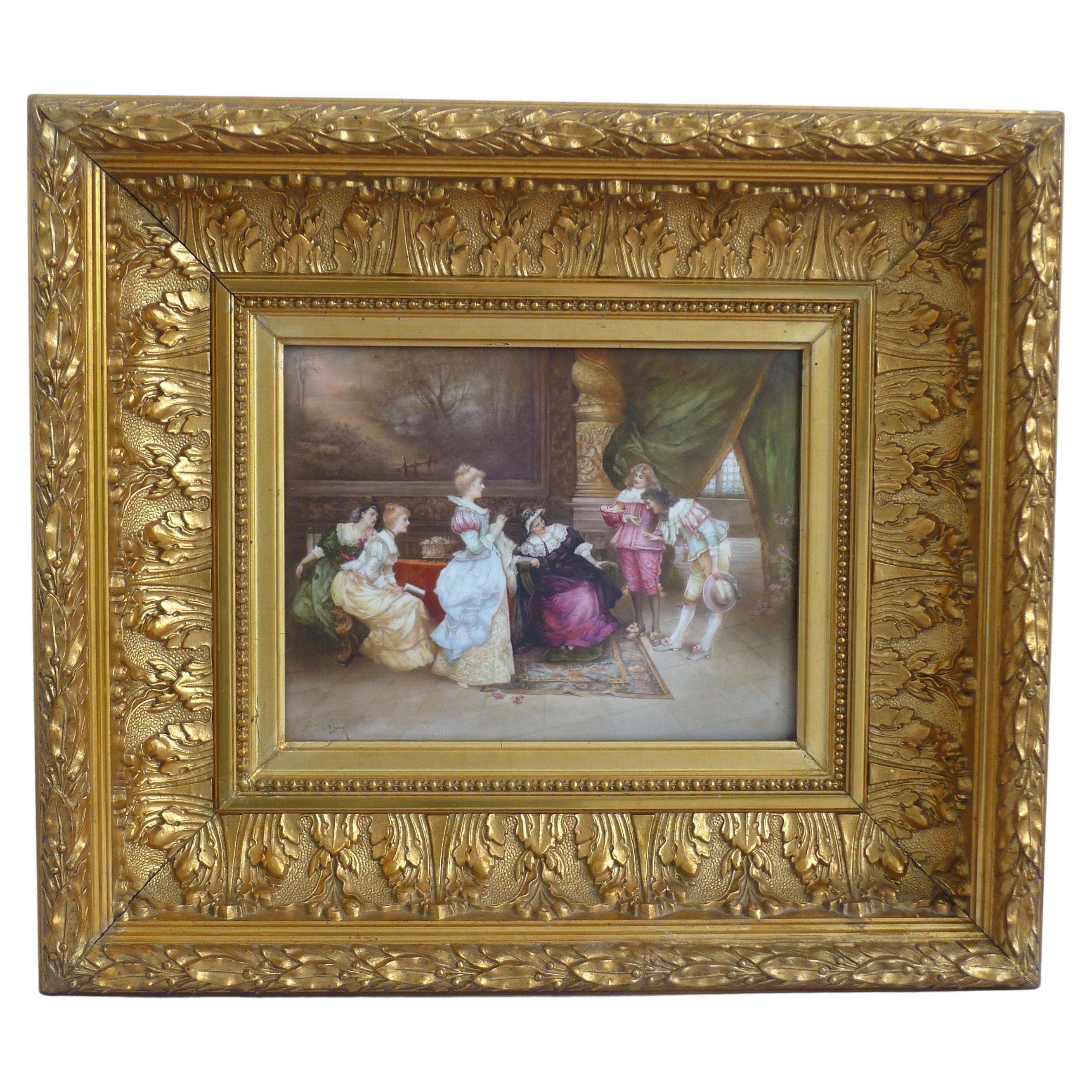 Sevres-Plakette mit der Darstellung von Adligen in vergoldetem Holzrahmen, signiert Vinea
