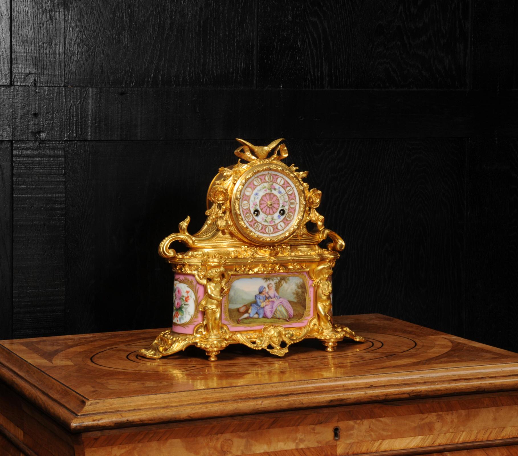 Louis XV Sevres Porcelain and Ormolu Antique French Boudoir Clock