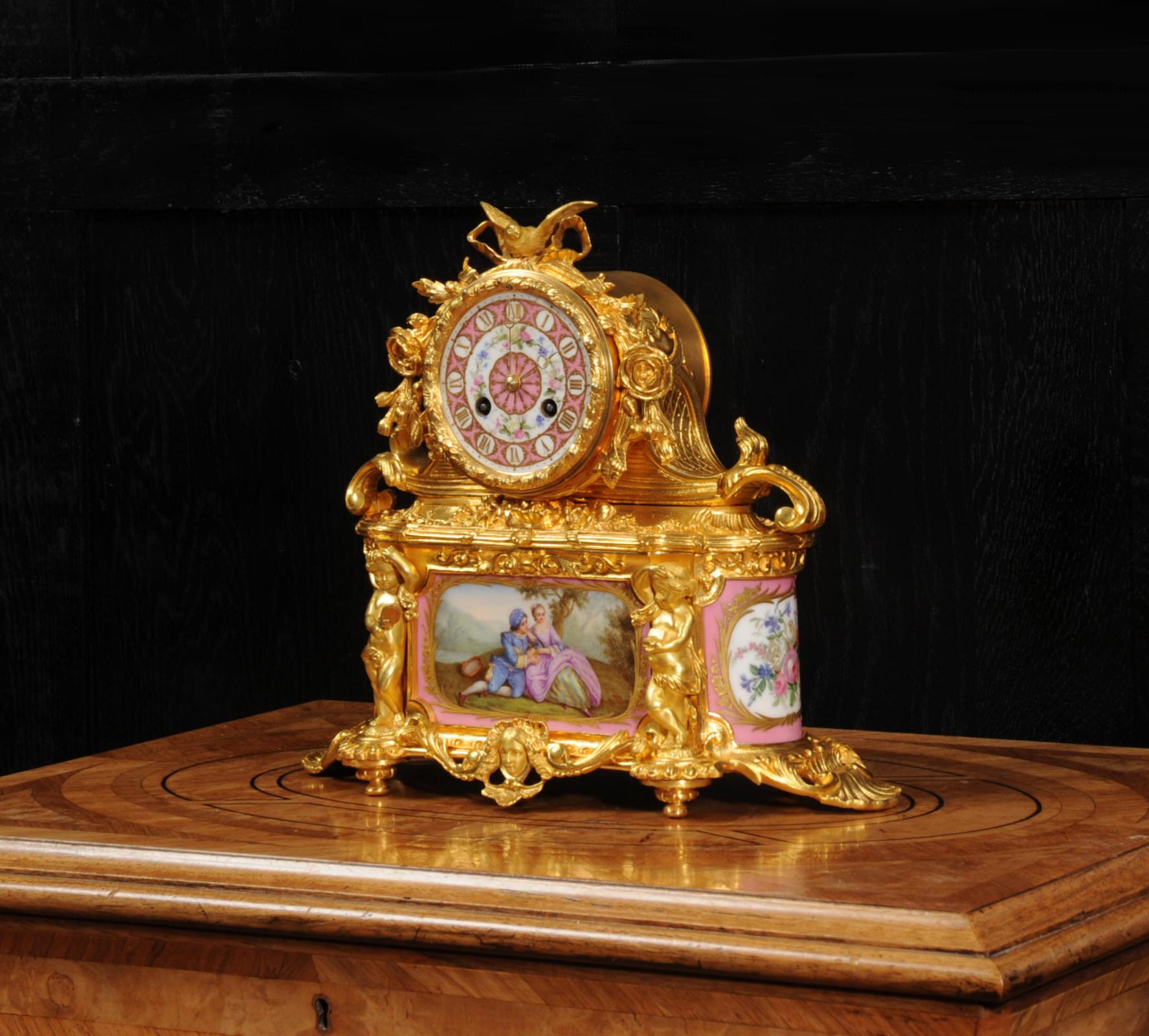 Gilt Sevres Porcelain and Ormolu Antique French Boudoir Clock