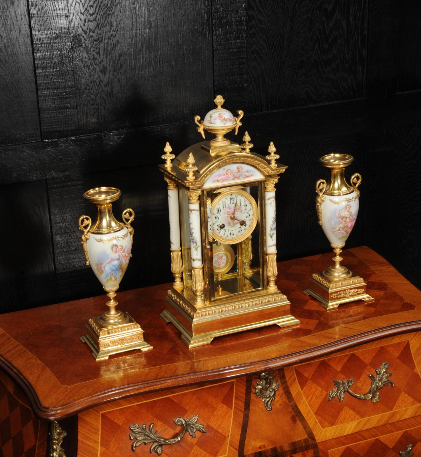 Sevres Porcelain and Ormolu Four Glass Antique French Clock Set For Sale 4