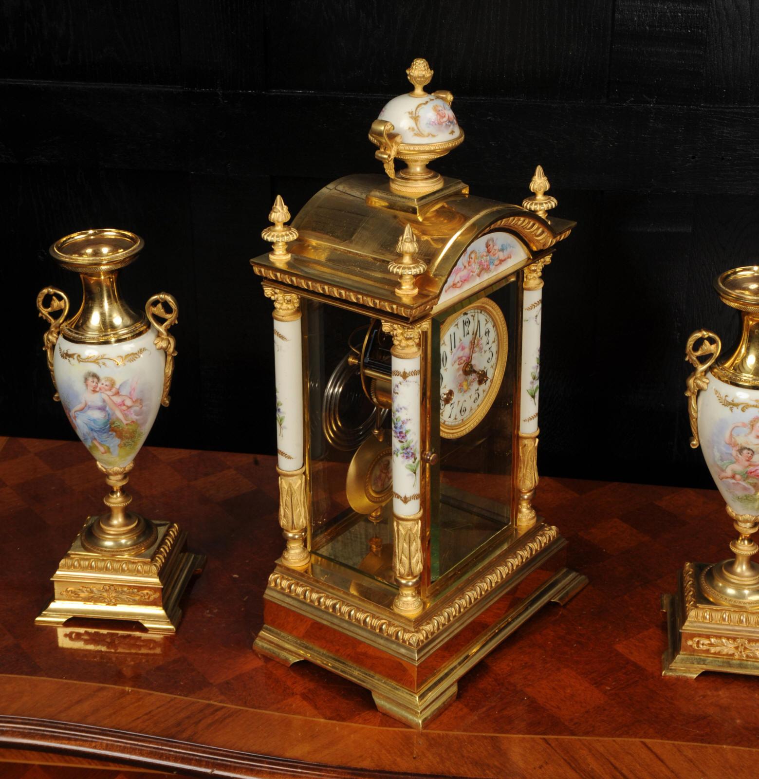 Sevres Porcelain and Ormolu Four Glass Antique French Clock Set For Sale 5
