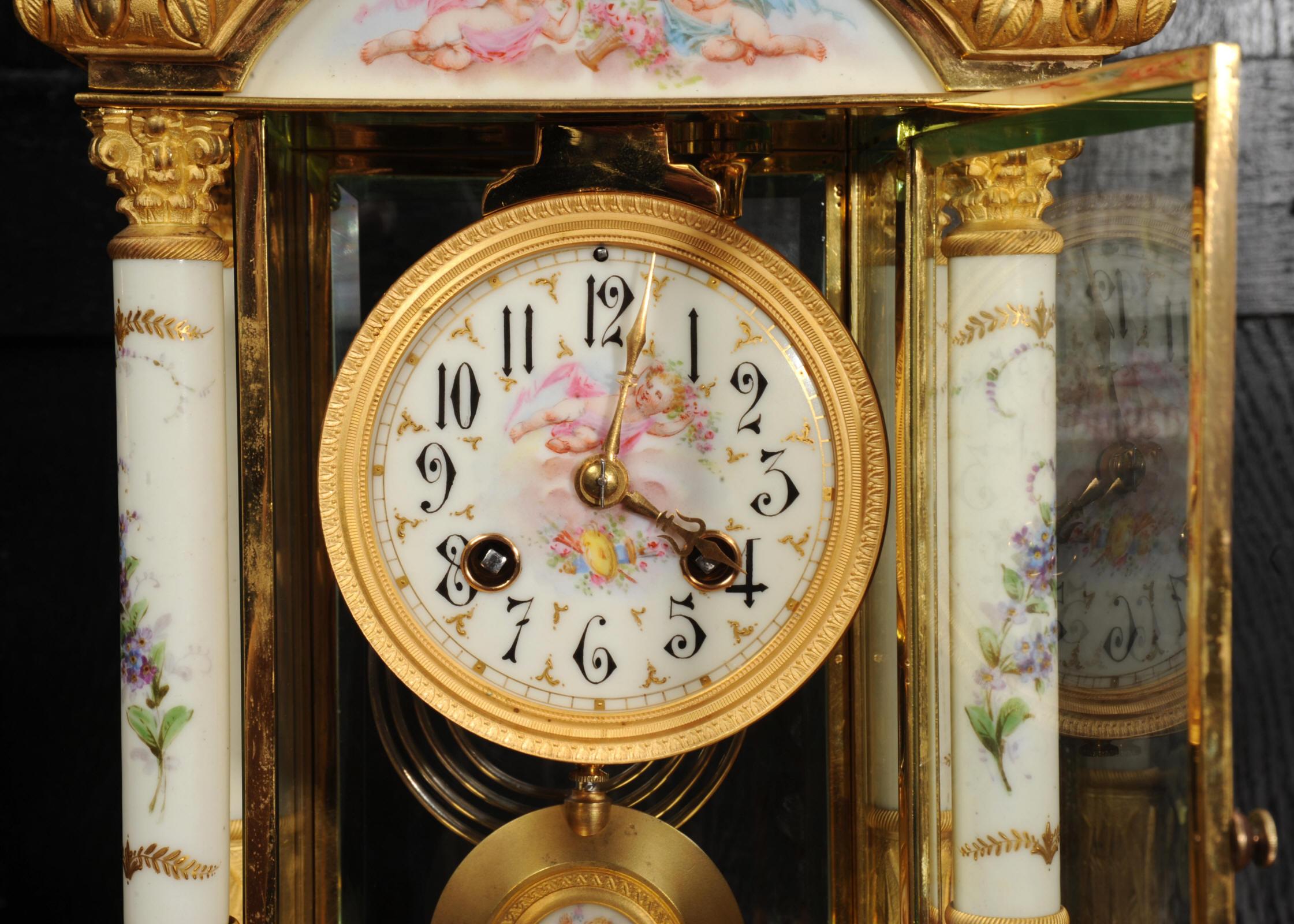 Sevres Porcelain and Ormolu Four Glass Antique French Clock Set For Sale 6