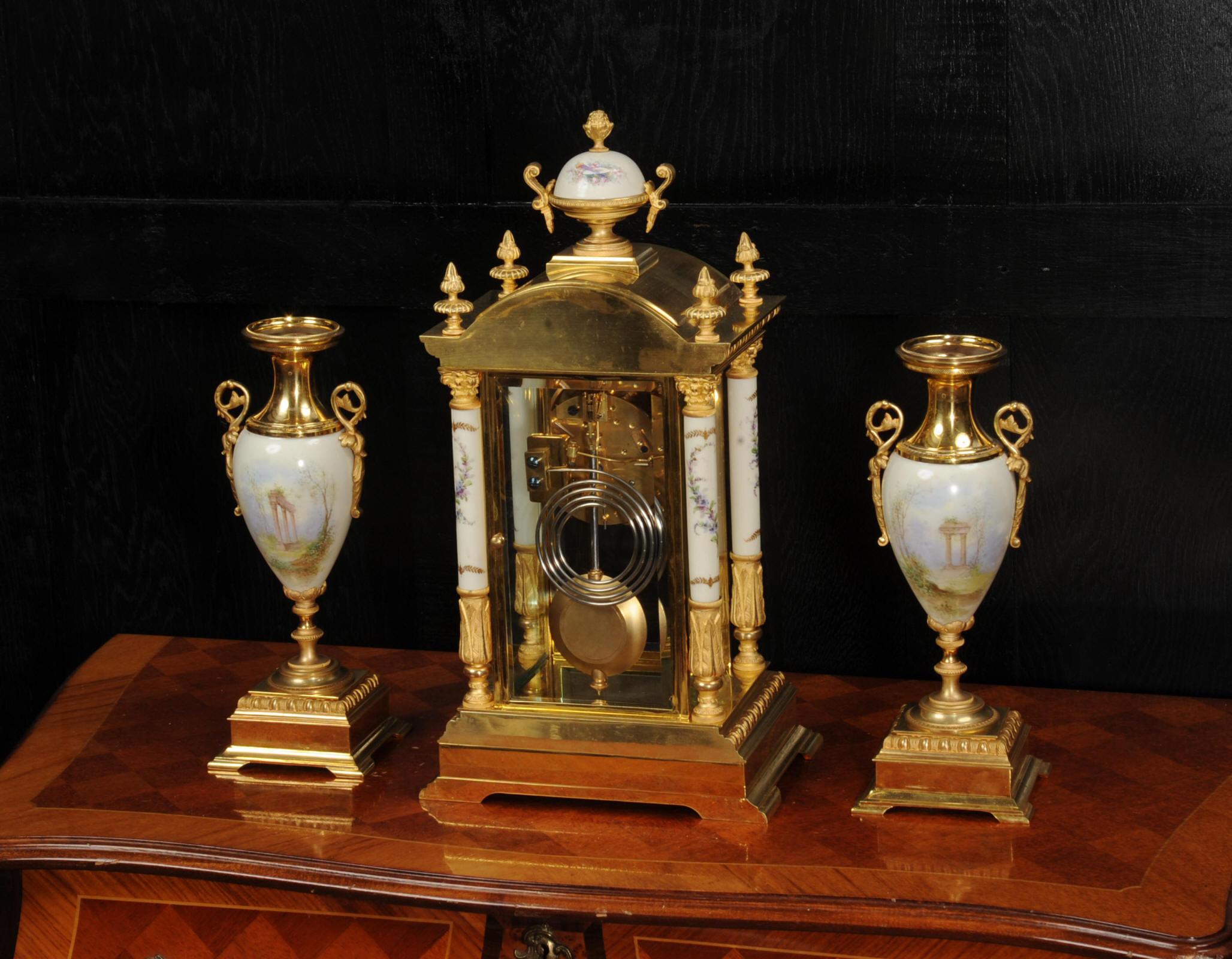 Sevres Porcelain and Ormolu Four Glass Antique French Clock Set For Sale 7