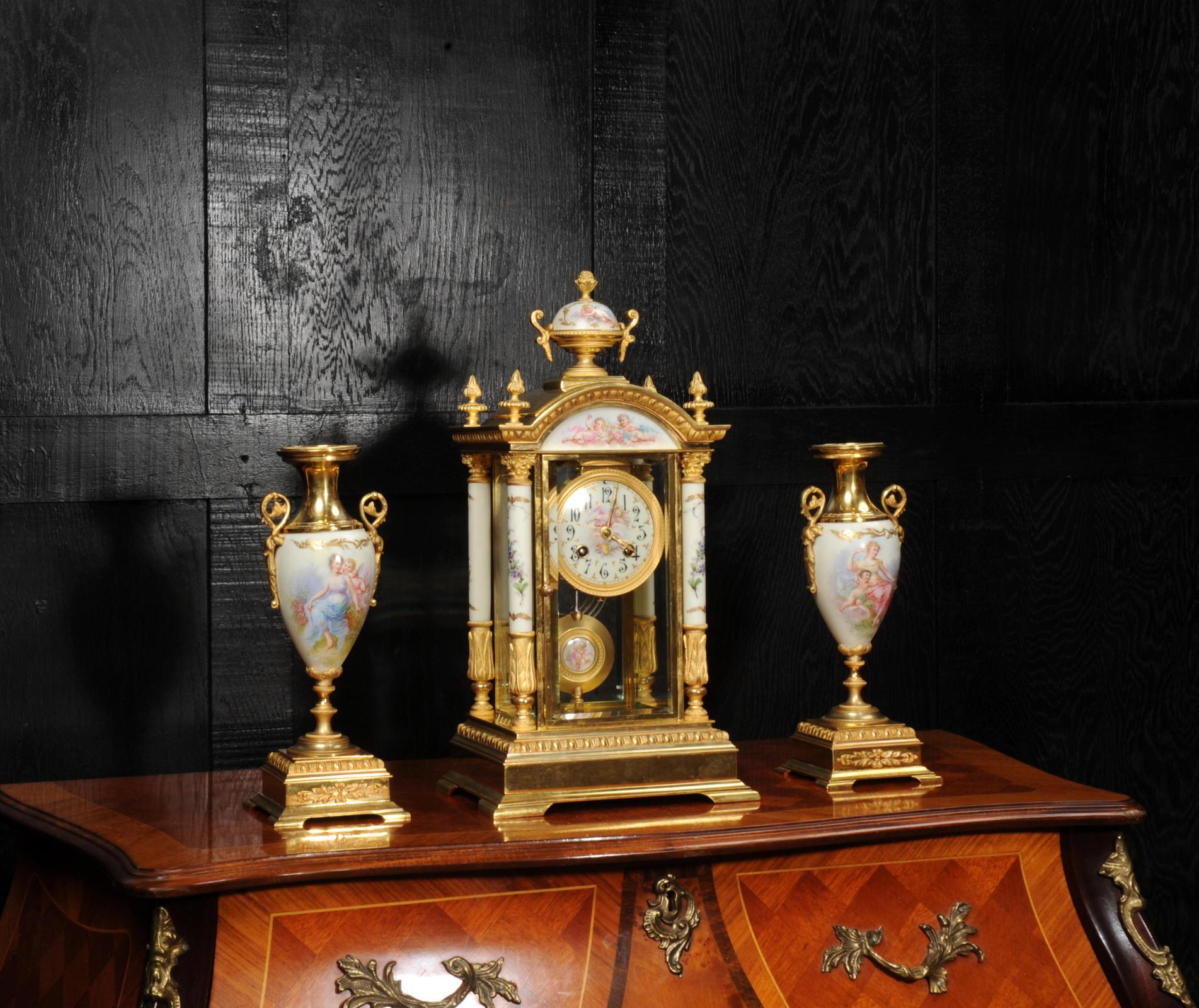 Louis XVI Sevres Porcelain and Ormolu Four Glass Antique French Clock Set For Sale