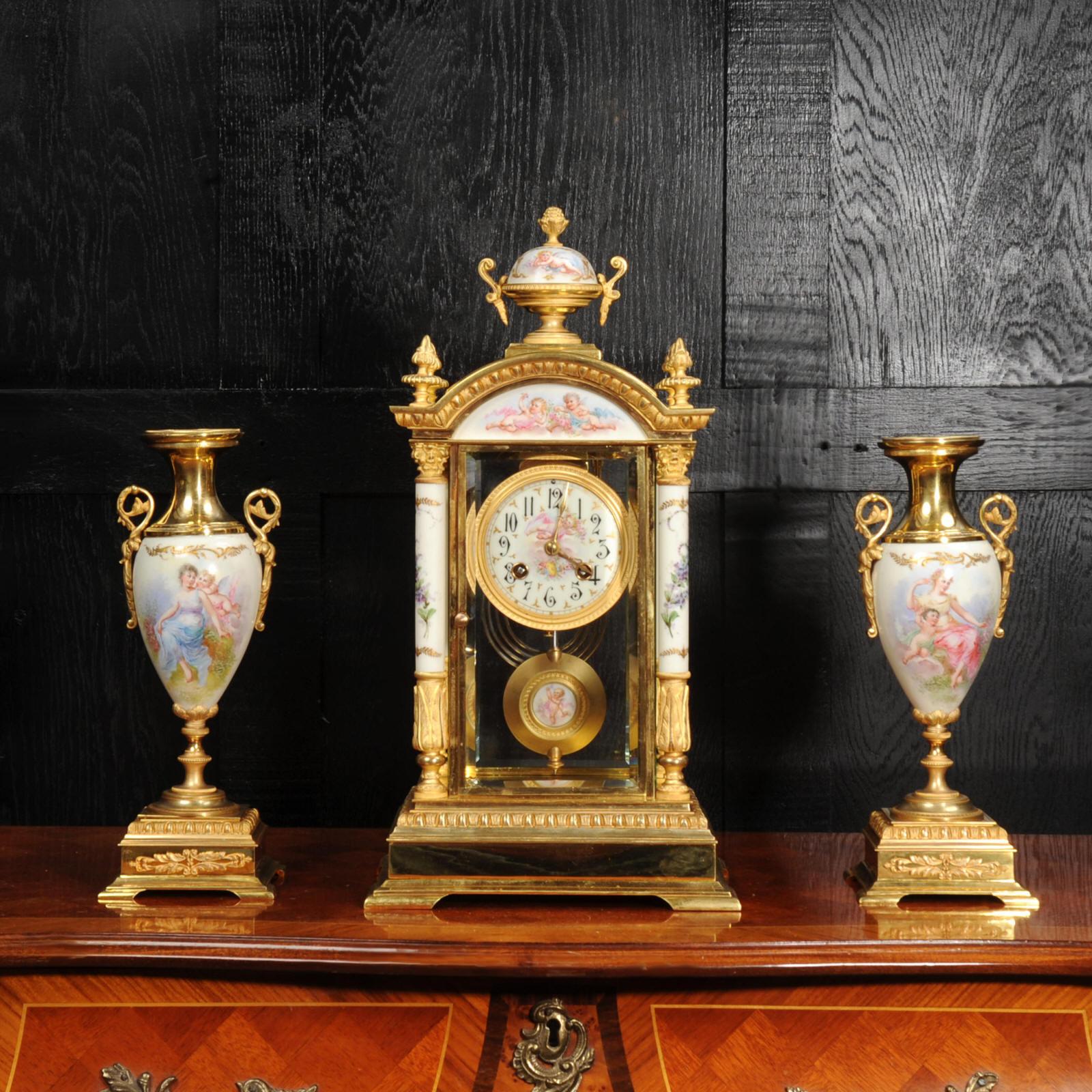 Sevres Porcelain and Ormolu Four Glass Antique French Clock Set In Good Condition For Sale In Belper, Derbyshire