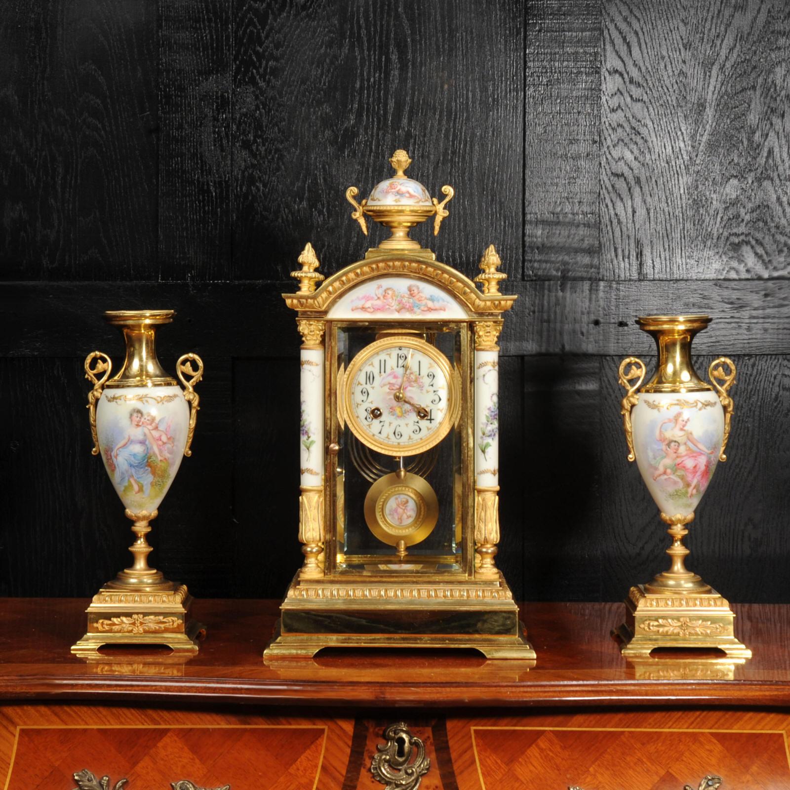 Sevres Porcelain and Ormolu Four Glass Antique French Clock Set In Good Condition In Belper, Derbyshire