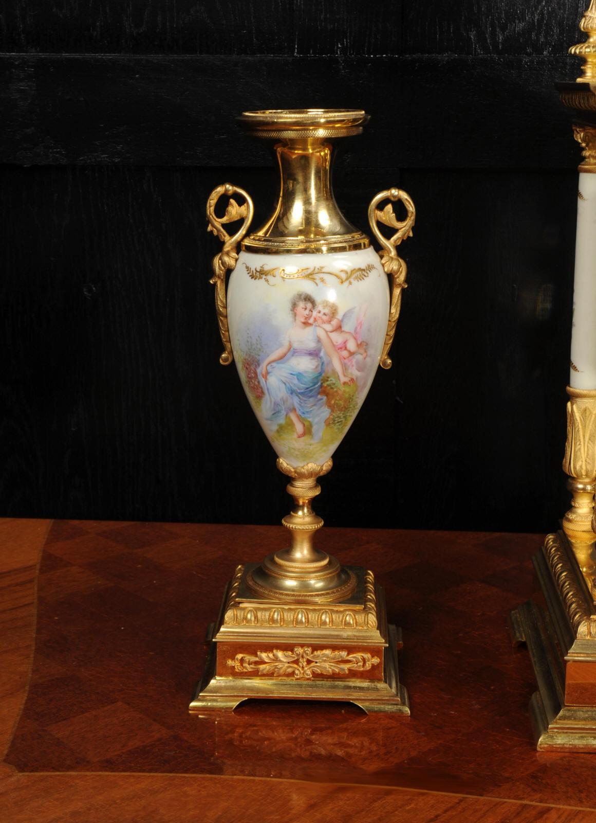 19th Century Sevres Porcelain and Ormolu Four Glass Antique French Clock Set