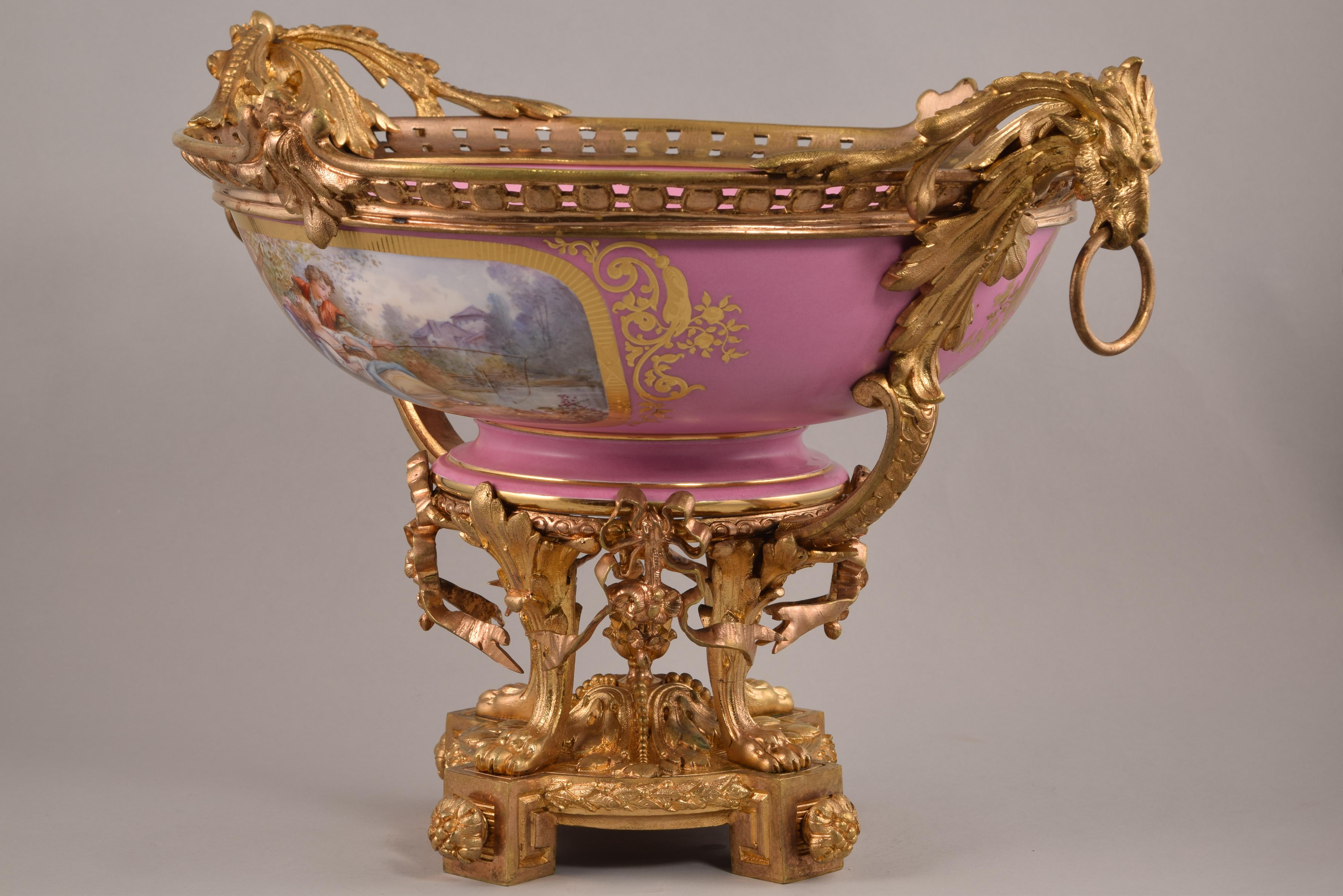 Sèvres Porcelain Centerpiece, Enameled Porcelain and Gilt Bronze, France, 1885 4