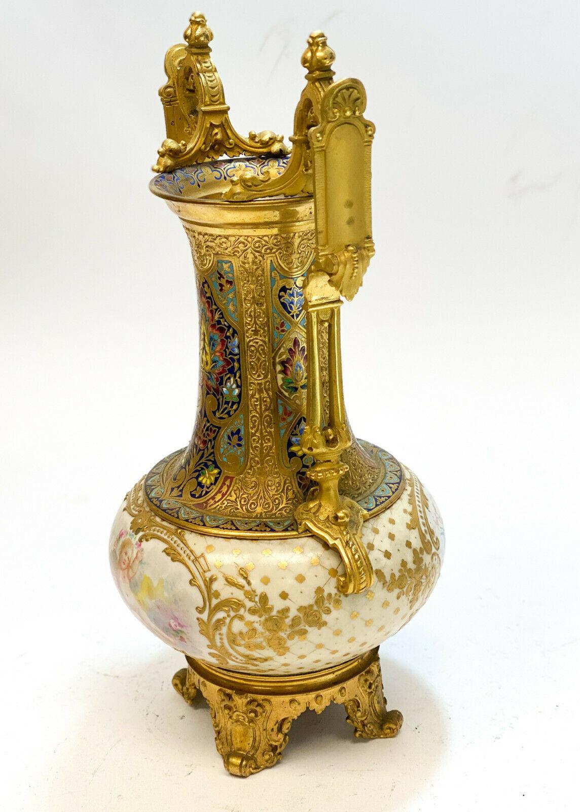 European Sevres Porcelain Champleve Enamel Gilt Bronze Mounted Twin Handled Vase For Sale