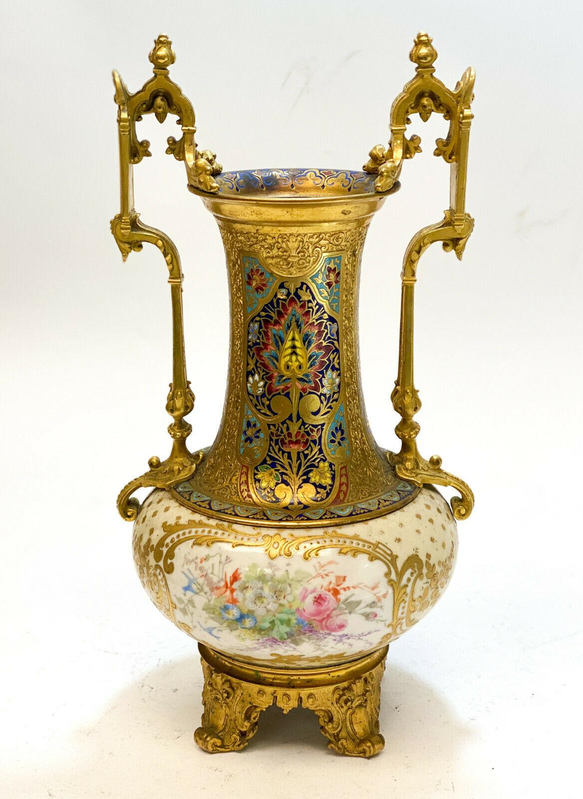 Sevres Porcelain Champleve Enamel Gilt Bronze Mounted Twin Handled Vase In Good Condition For Sale In Pasadena, CA