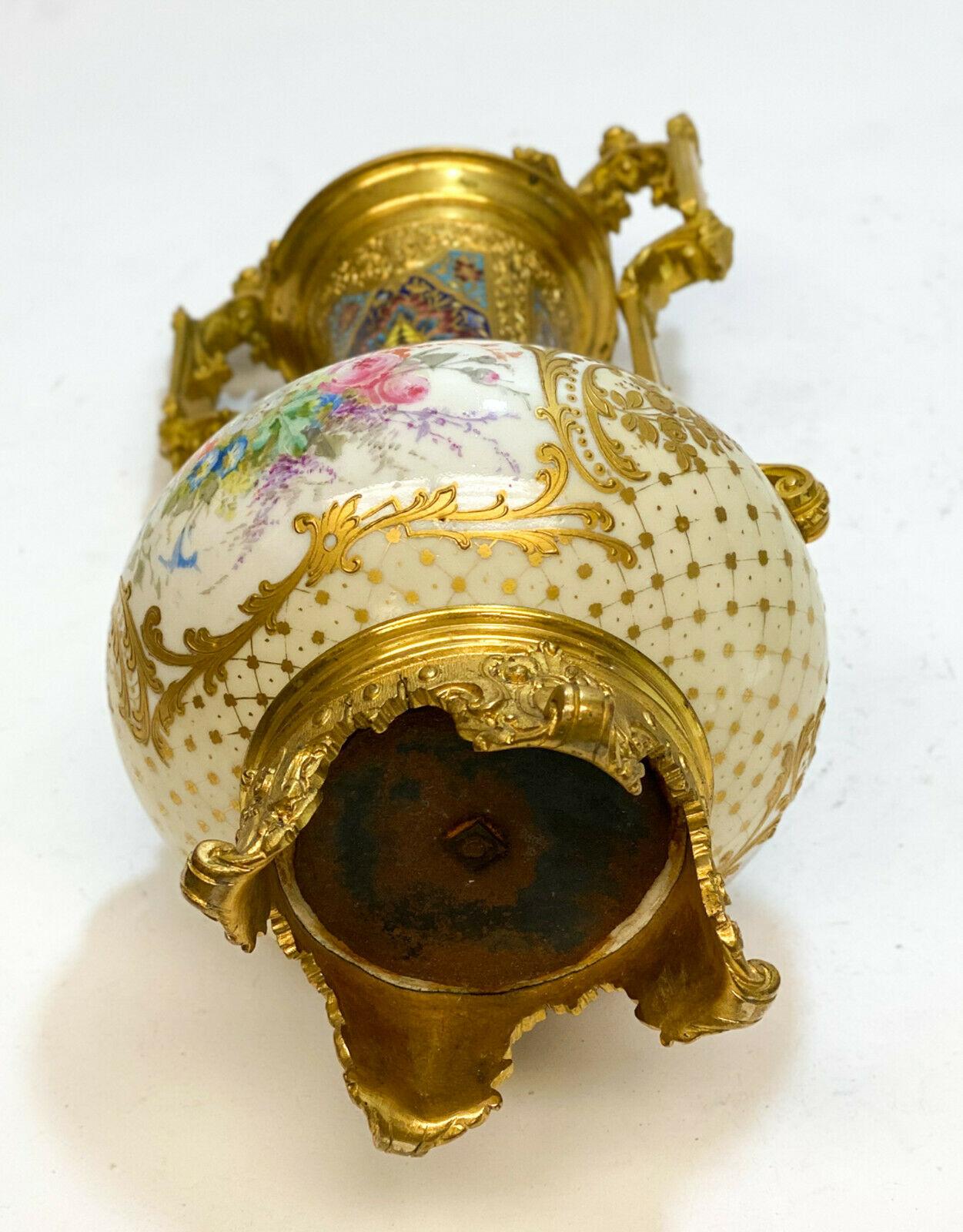 Sevres Porcelain Champleve Enamel Gilt Bronze Mounted Twin Handled Vase For Sale 1