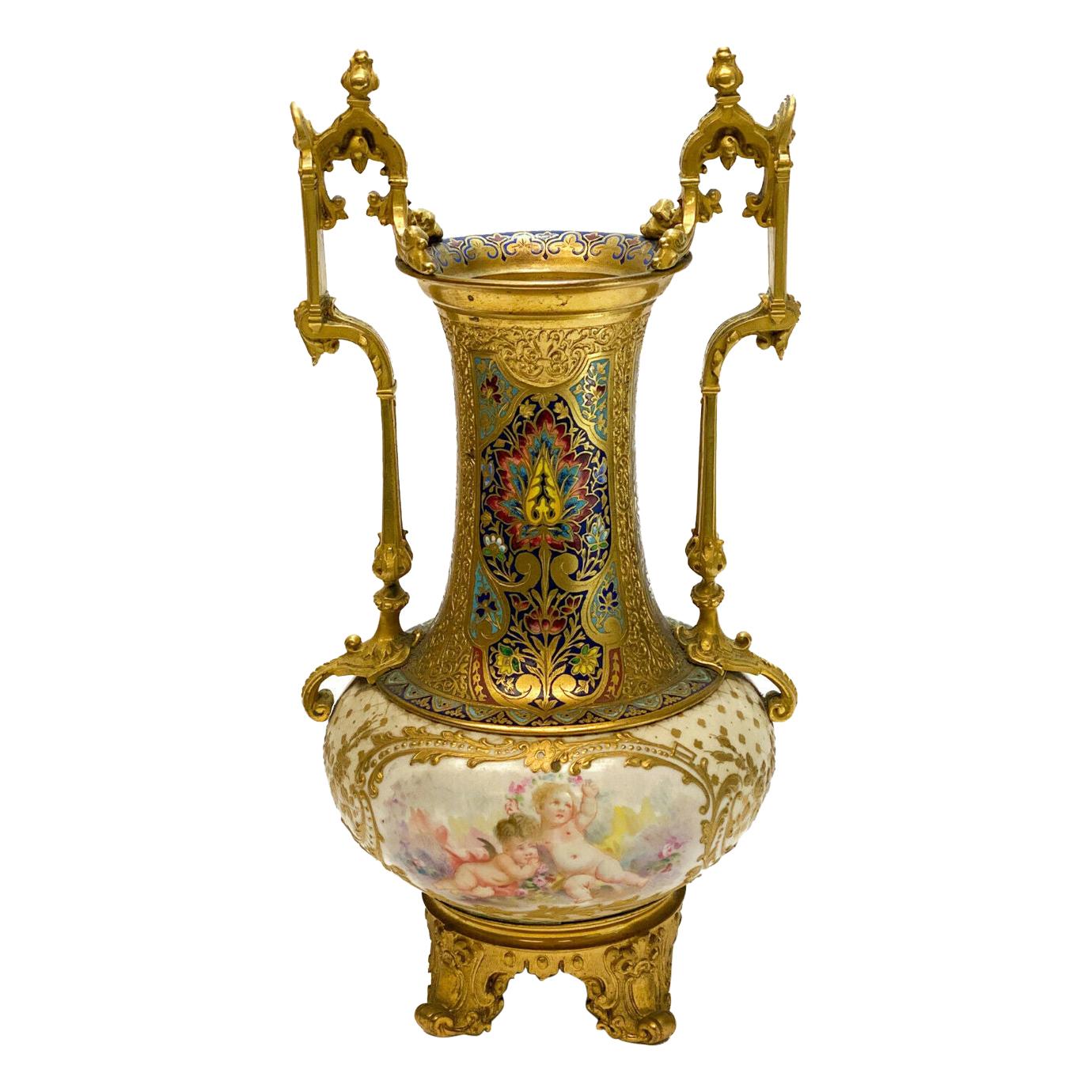Sevres Porcelain Champleve Enamel Gilt Bronze Mounted Twin Handled Vase For Sale