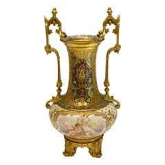 Sevres Porcelain Champleve Enamel Gilt Bronze Mounted Twin Handled Vase