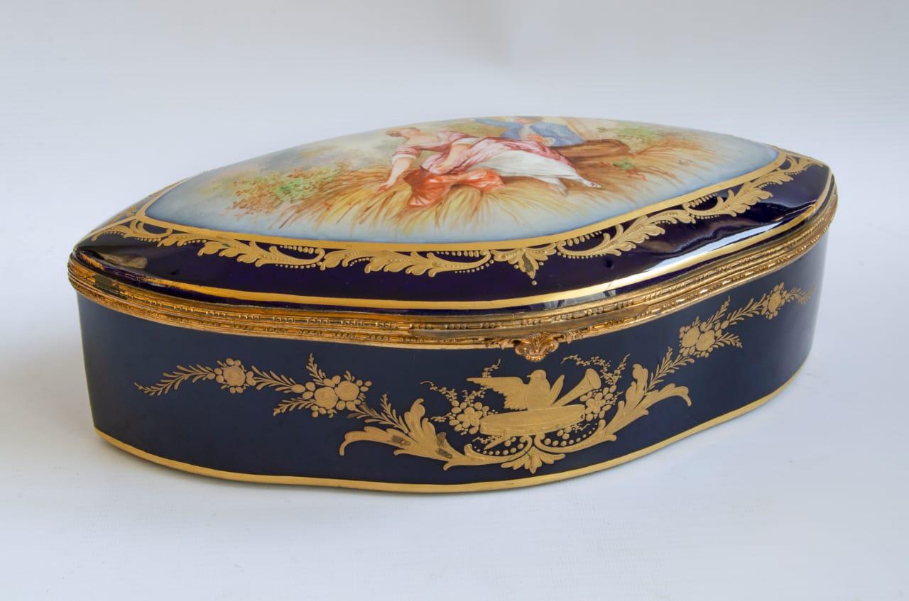 French Sevres Porcelain Chest Romantic Scene 'Lux' For Sale
