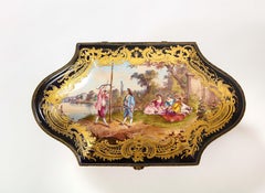 Sevres Porcelain Cobalt Blue Ground Watteau Lovers Scene Bombay form Box, Signed
