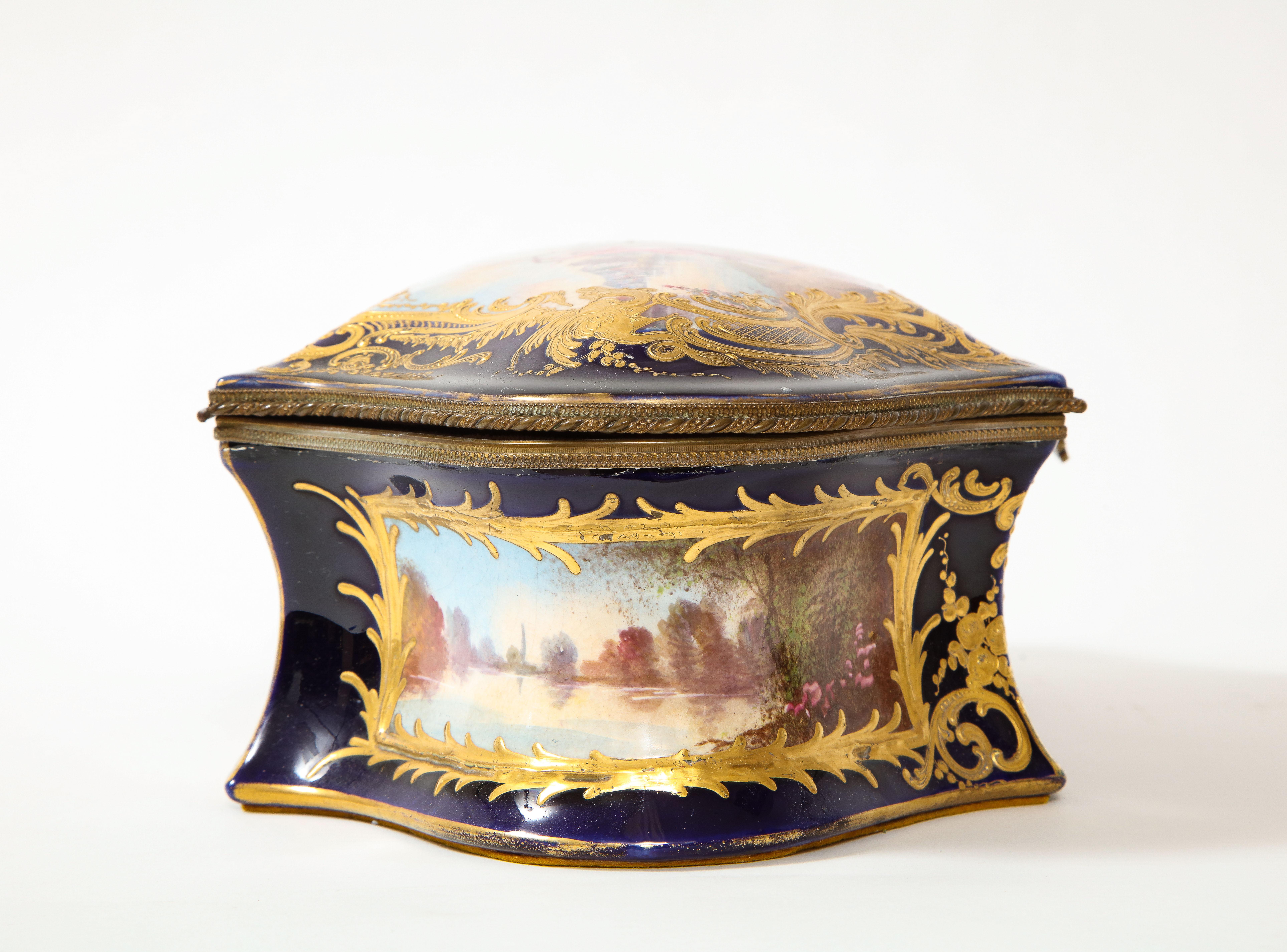 Louis XVI Sevres Porcelain Cobalt Blue Ground Watteau Lovers Scene Bombay form Box, Signed For Sale