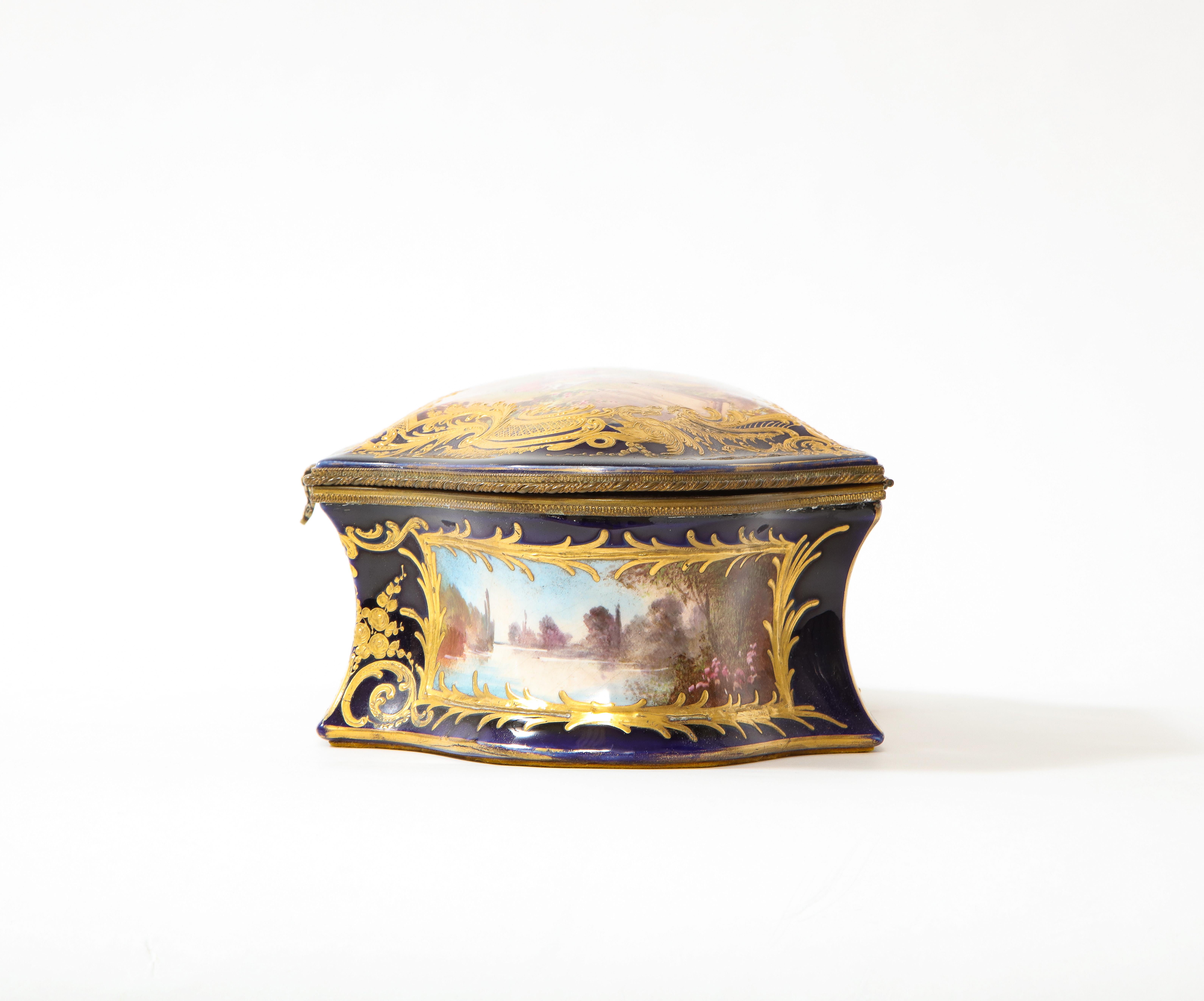 Sevres Porcelain Cobalt Blue Ground Watteau Lovers Scene Bombay form Box, Signed In Good Condition For Sale In New York, NY