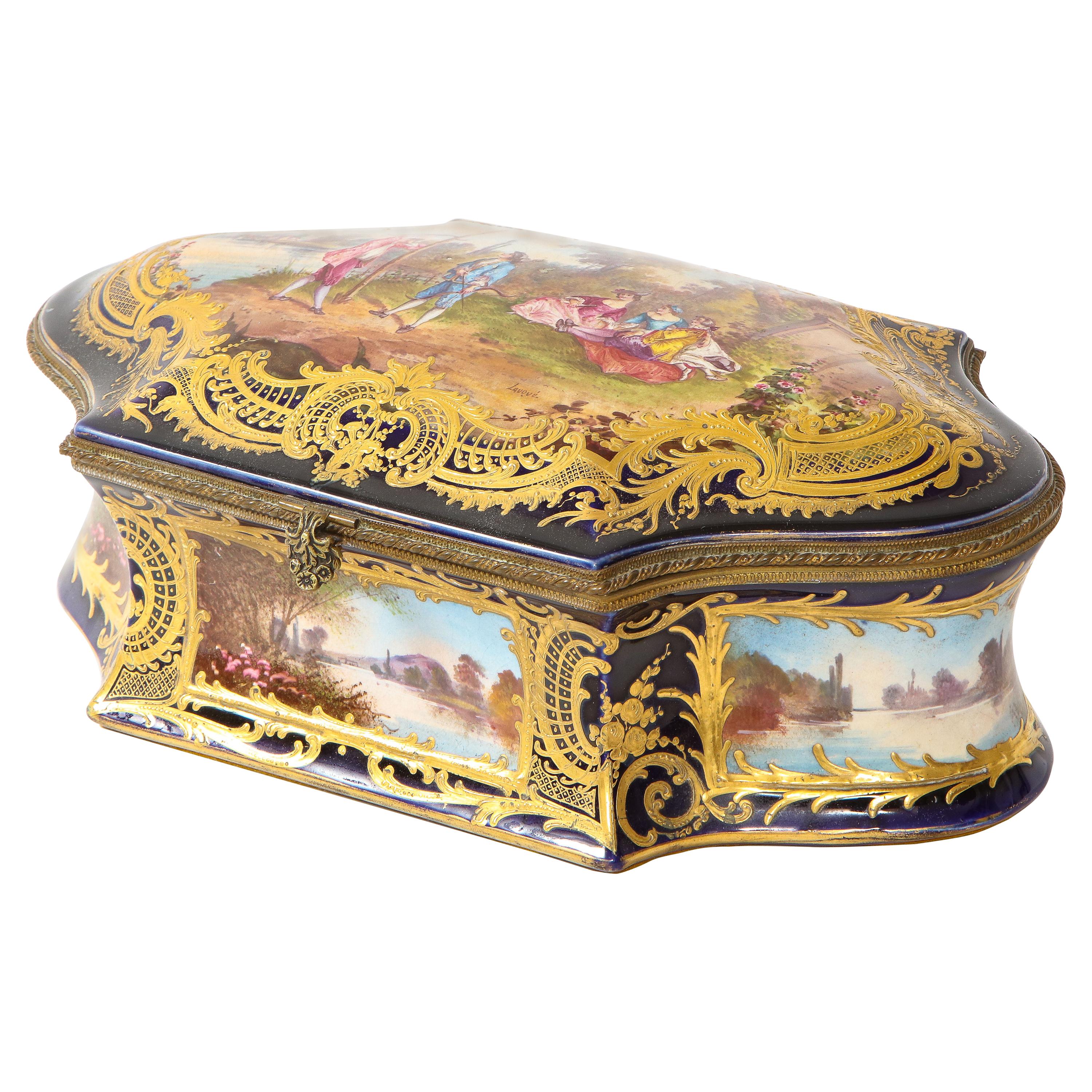 Sevres Porcelain Cobalt Blue Ground Watteau Lovers Scene Bombay form Box, Signed