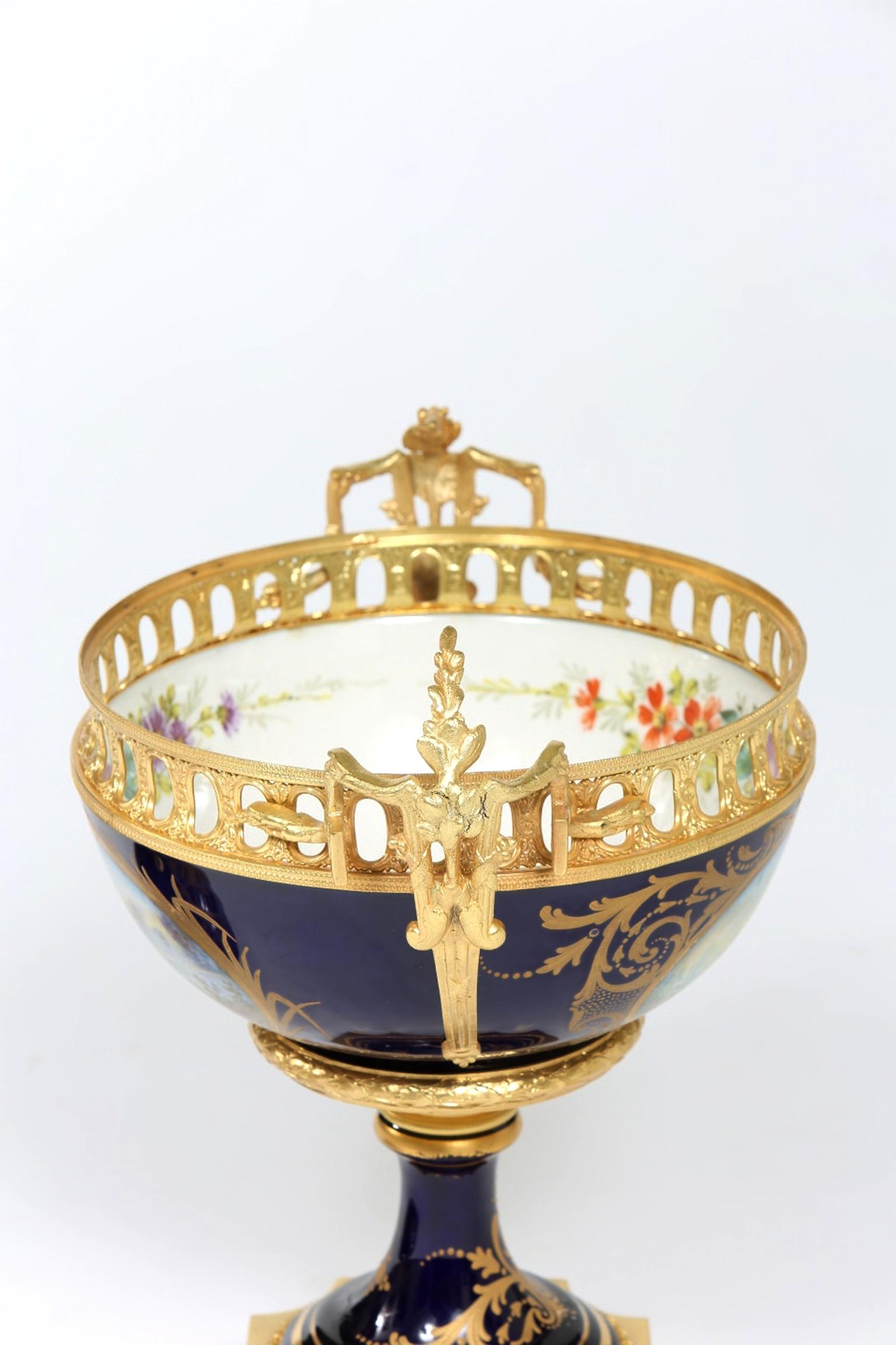 Sevres Porcelain Dore Bronze Mounted Covered Centerpiece In Excellent Condition In Tarry Town, NY