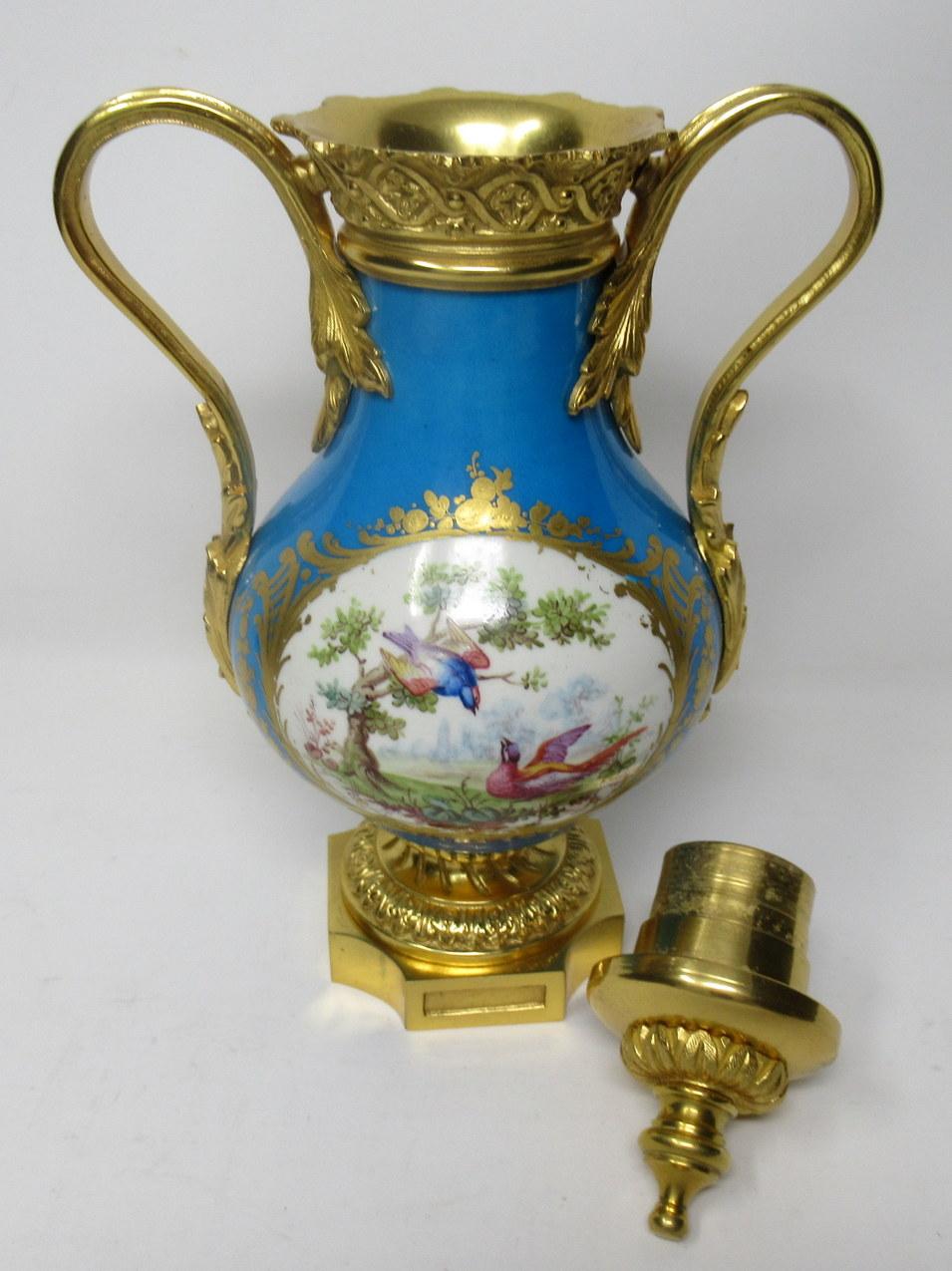 Late Victorian Sèvres Porcelain French Flowers Ormolu Bronze Celeste Blue Urn Vase 19th Century