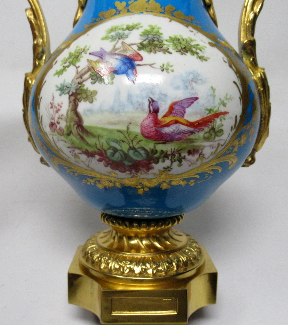 Ceramic Sèvres Porcelain French Flowers Ormolu Bronze Celeste Blue Urn Vase 19th Century