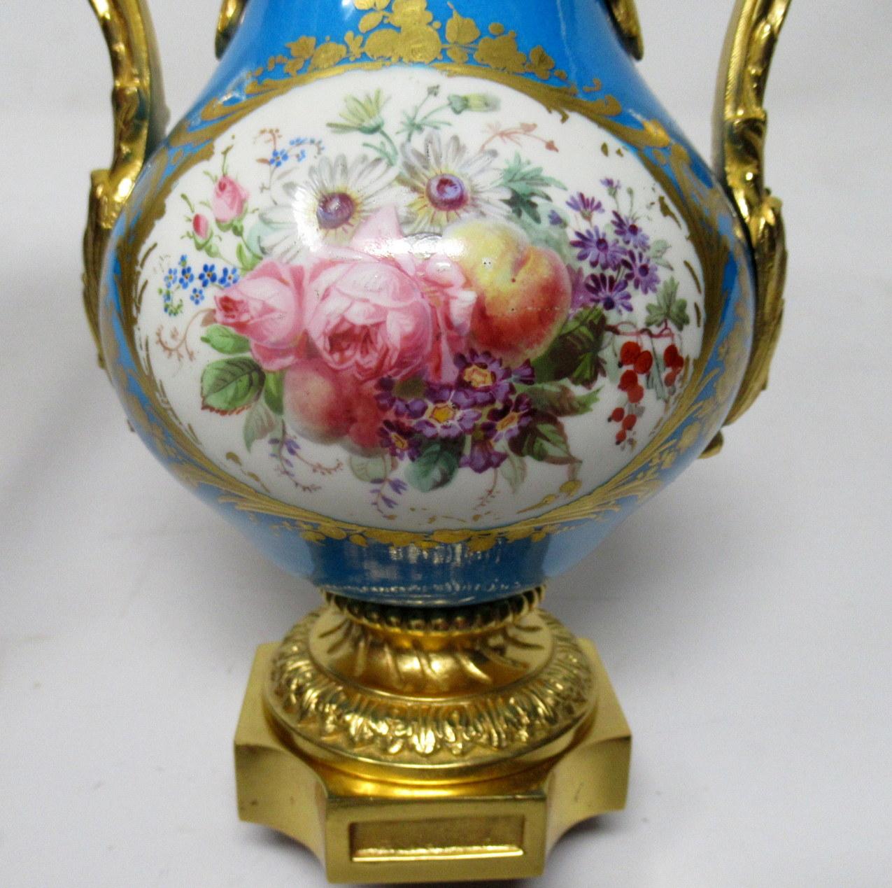 Sèvres Porcelain French Flowers Ormolu Bronze Celeste Blue Urn Vase 19th Century 1