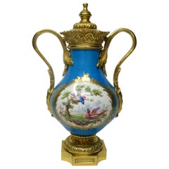 Sèvres Porcelain French Flowers Ormolu Bronze Celeste Blue Urn Vase 19th Century