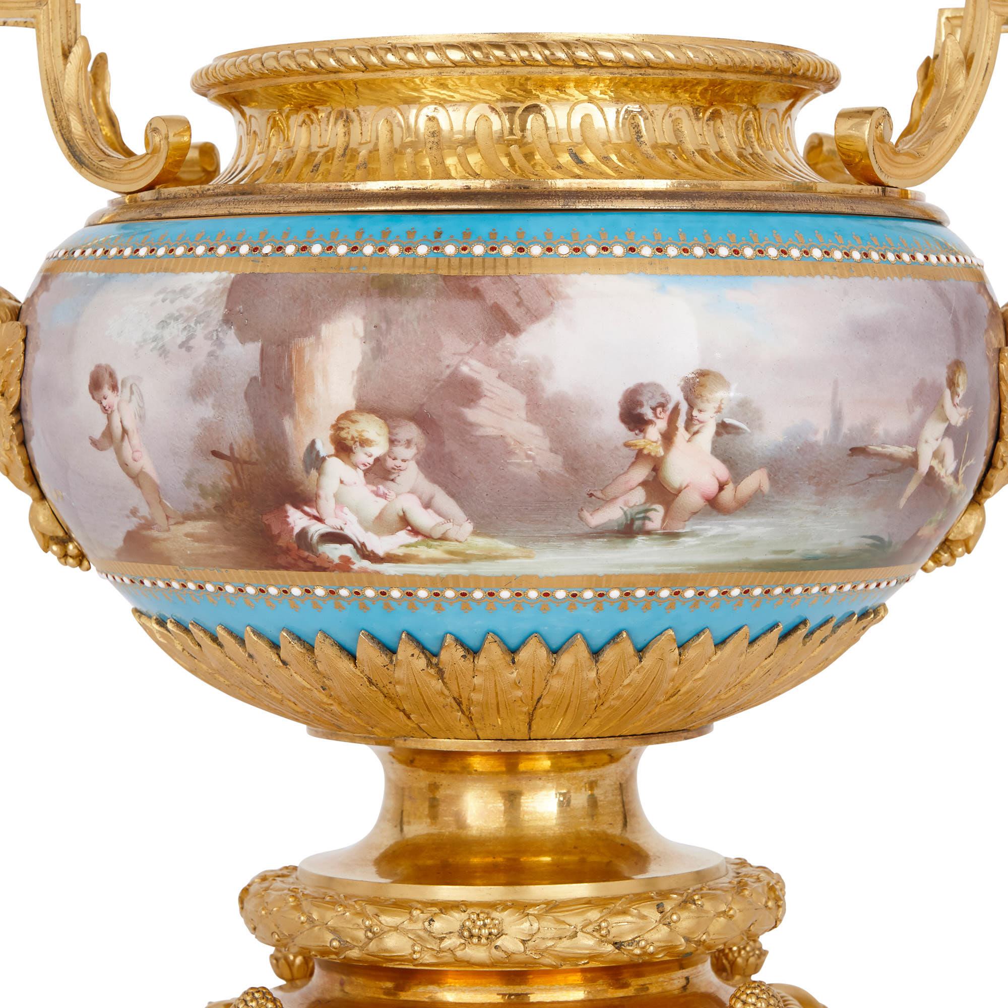 Louis XV Sèvres Porcelain Garniture, Mounted in Gilt Bronze by Picard For Sale