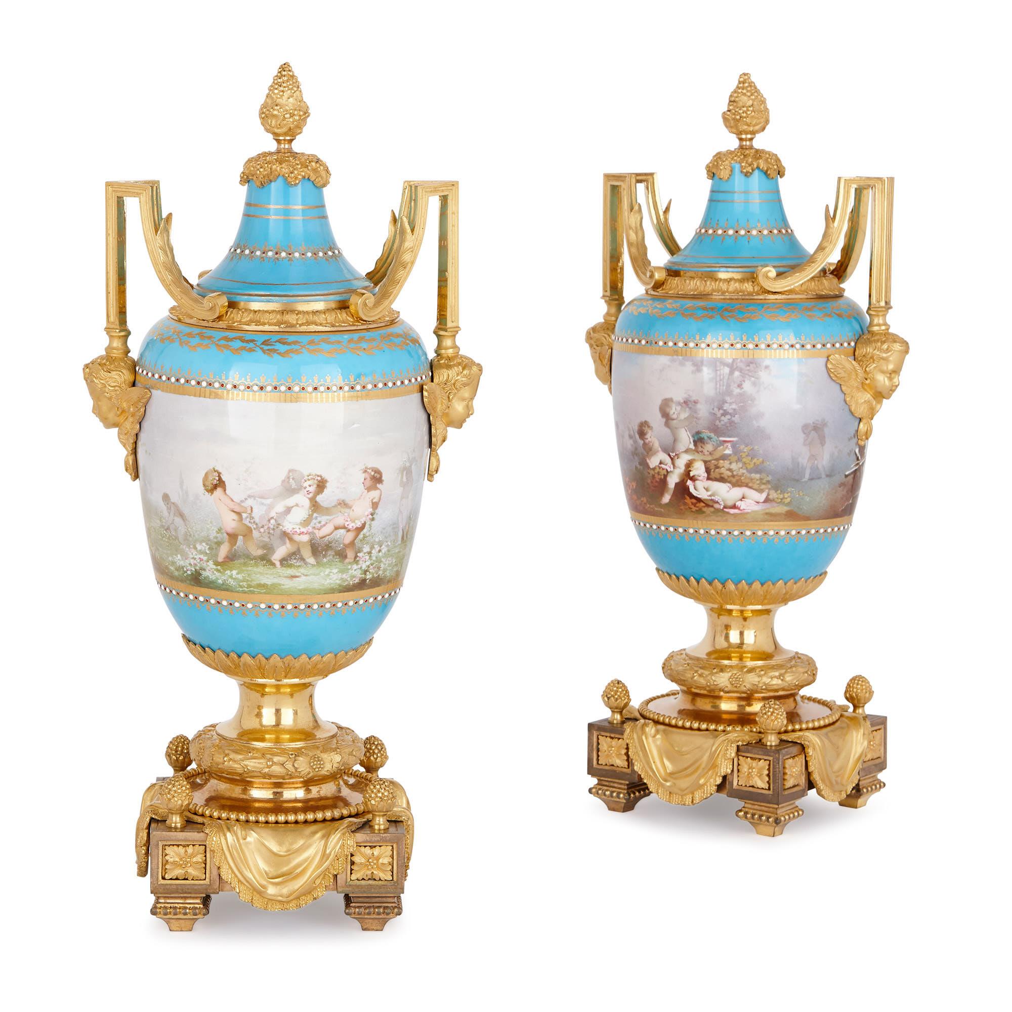 Sèvres Porcelain Garniture, Mounted in Gilt Bronze by Picard In Good Condition For Sale In London, GB
