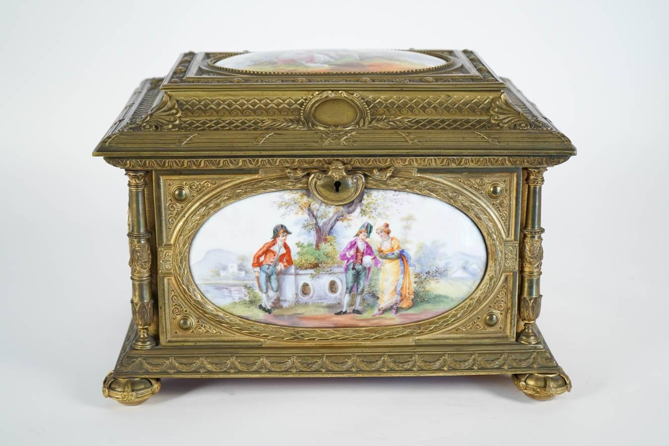 French Sevres Porcelain Gilt Bronze Mounted Jewelry Box Casket For Sale