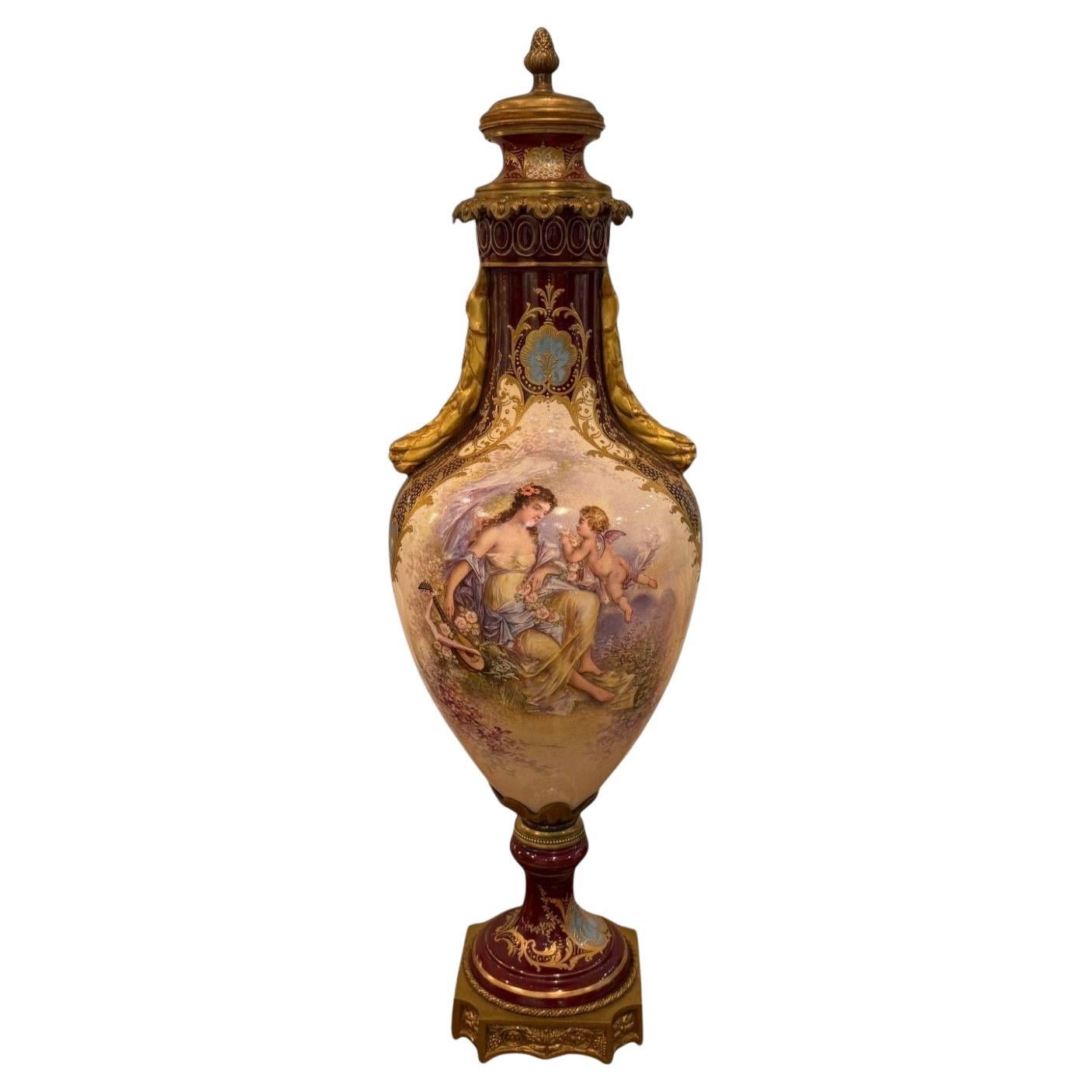 Sevres, Porcelain, Gilt Metal, Vase with Cherub and Maiden, France, 19th C.