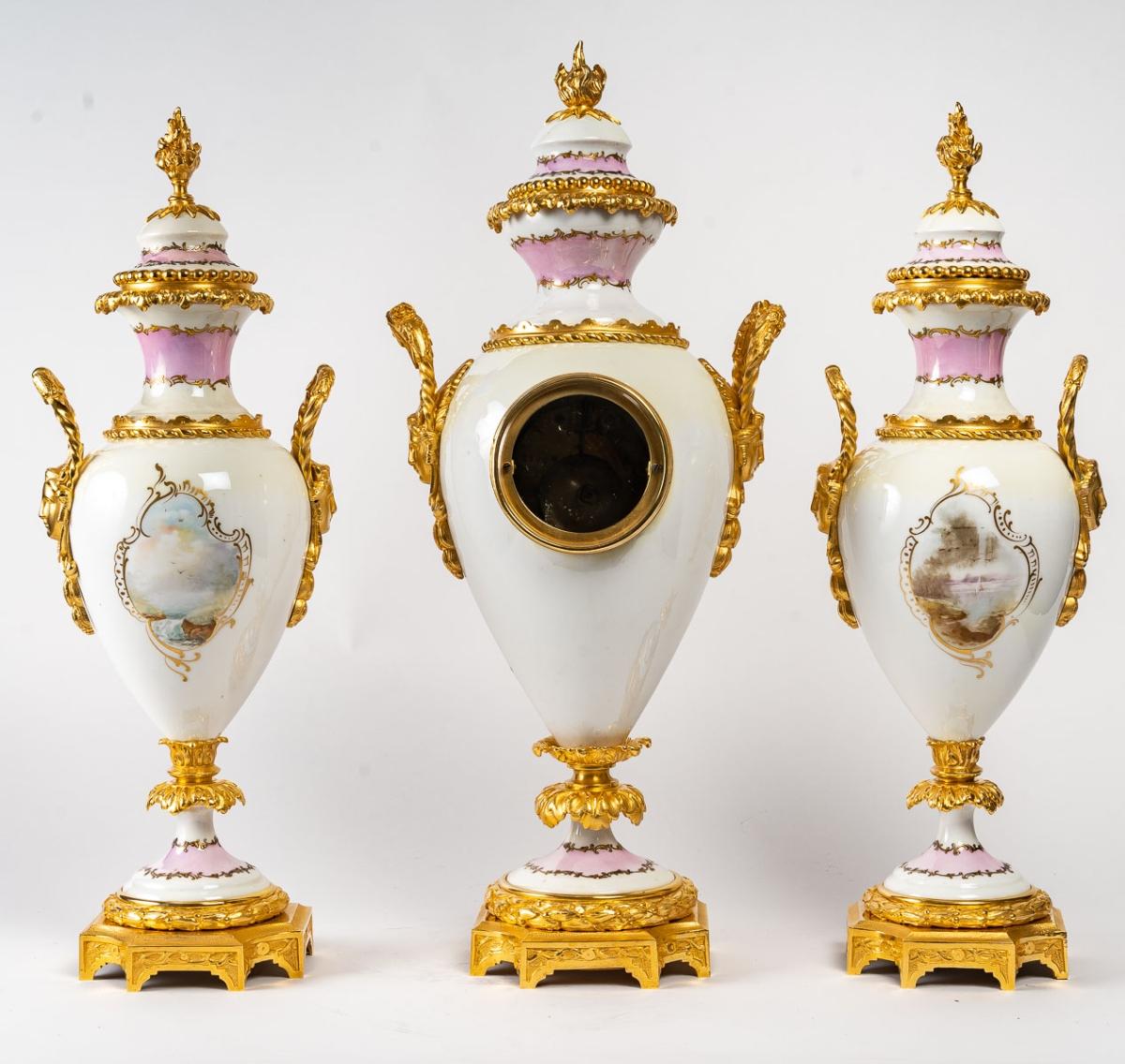 French Sèvres Porcelain Mantel Set, 19th Century For Sale