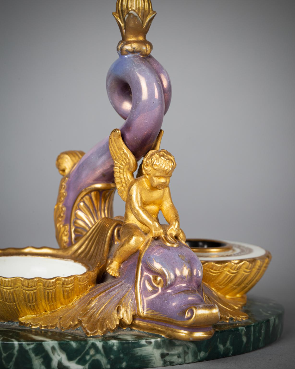 Sevres Porcelain Marbelized Gilt and Lustre Dolphin Inkwell, Dated 1832 In Good Condition For Sale In New York, NY