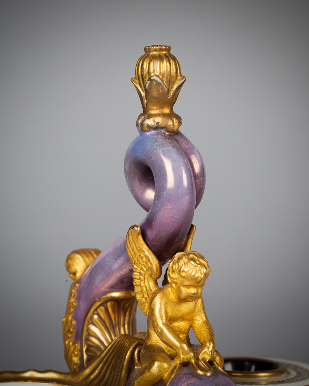 Mid-19th Century Sevres Porcelain Marbelized Gilt and Lustre Dolphin Inkwell, Dated 1832 For Sale