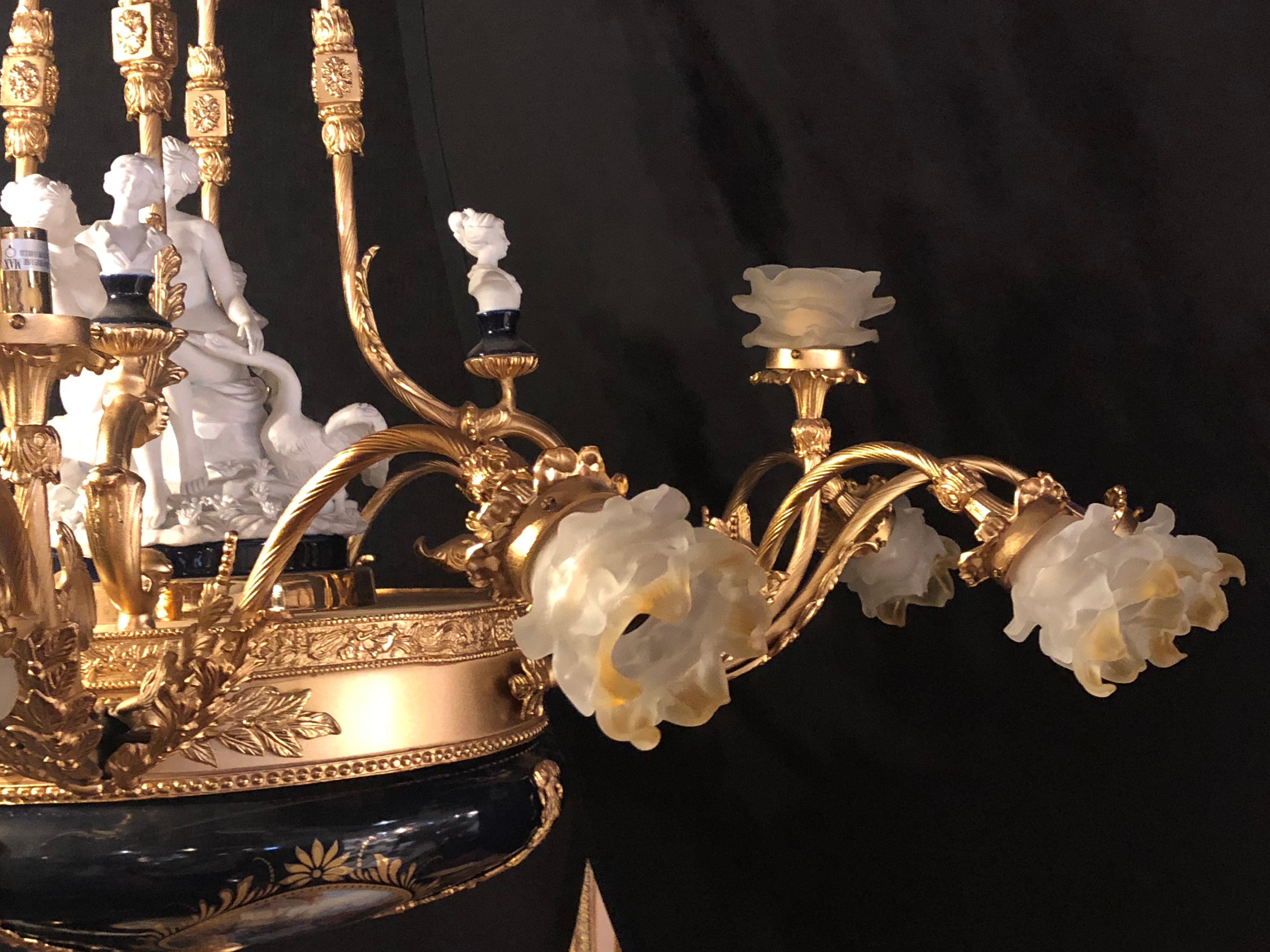 20th Century Sèvres Porcelain Style 16-Light Palatial Bronze Chandelier Newly Rewired For Sale