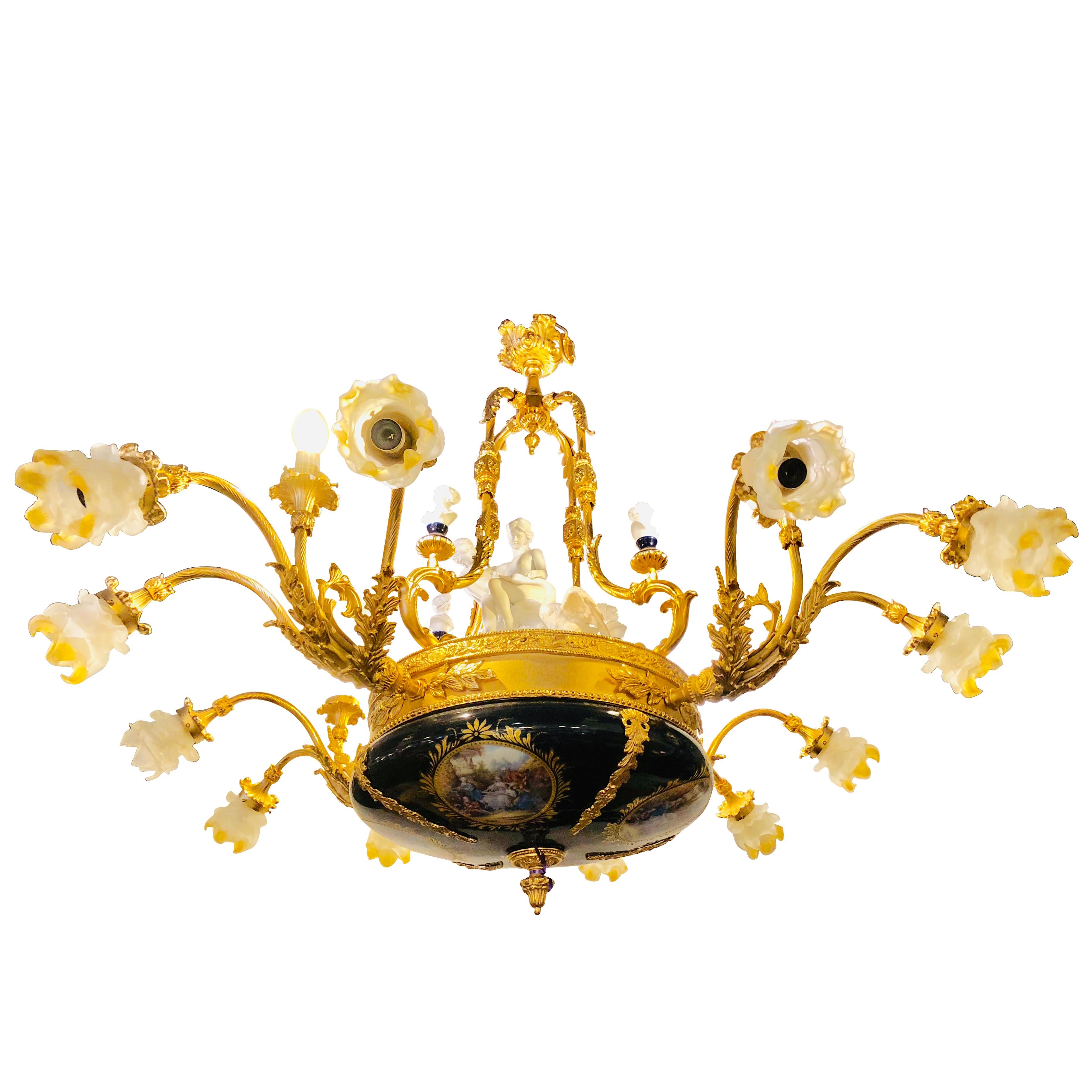 Sèvres Porcelain Style 16-Light Palatial Bronze Chandelier Newly Rewired For Sale