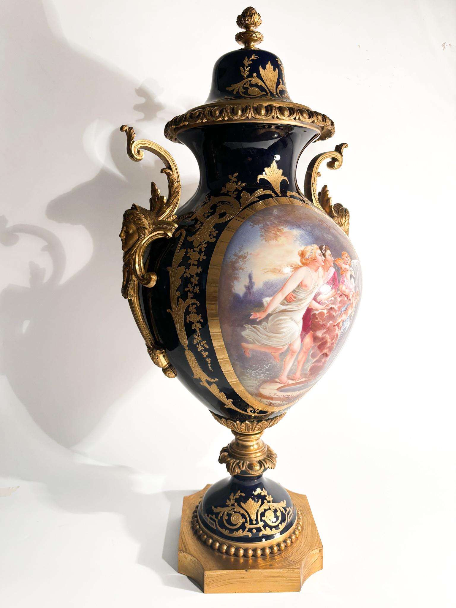 Sèvres Porcelain Vase Painted by E. Baurens and Bronze Mount from the 1940s For Sale 5