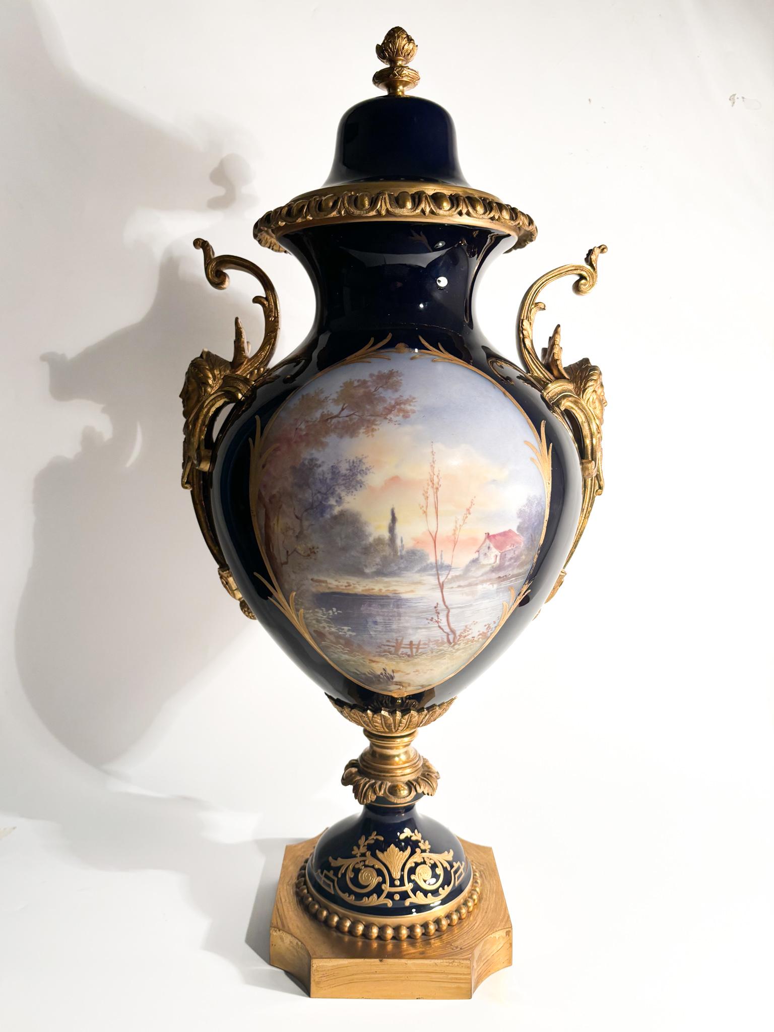 Sèvres Porcelain Vase Painted by E. Baurens and Bronze Mount from the 1940s For Sale 6