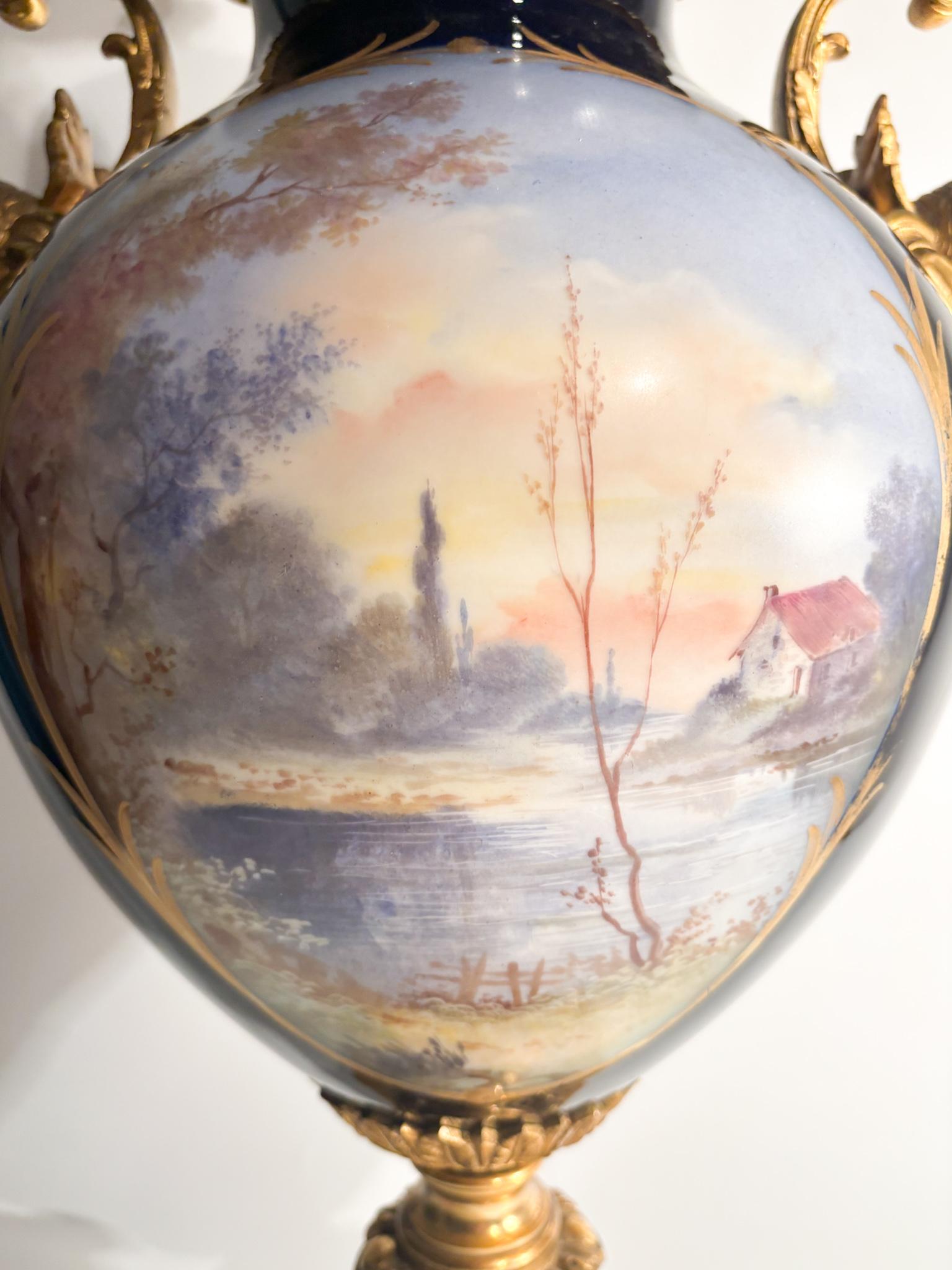 Sèvres Porcelain Vase Painted by E. Baurens and Bronze Mount from the 1940s For Sale 7