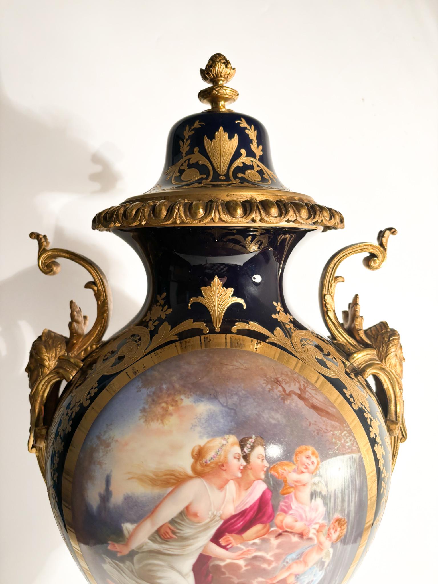 French Sèvres Porcelain Vase Painted by E. Baurens and Bronze Mount from the 1940s For Sale